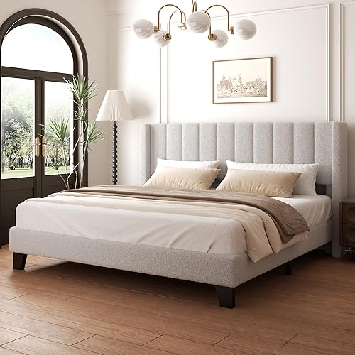 Miniatura 8 de Marco de Cama Queen con Cabecero Tapizado Marco de Cama de Plataforma con Cabecero de Terciopelo Teddy, Soporte de Listones de Madera/Diseño de