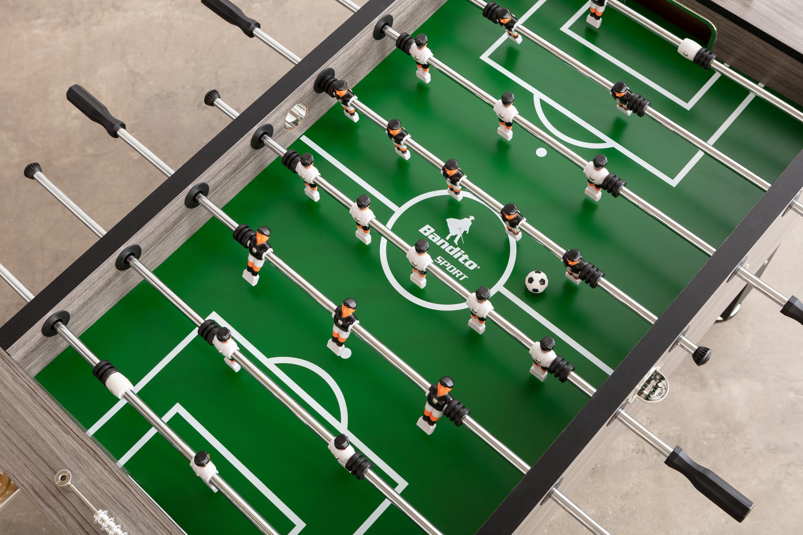 Bandito Kickertisch Profi Soccer Deluxe,braun,schwarz,Eiche-grau,massiver und robuster 80 kg Fußballtisch,Stabiler Tischfußball für Jugendliche und Erwachsene,Turnier-Tischkicker mit Getränkehalter
