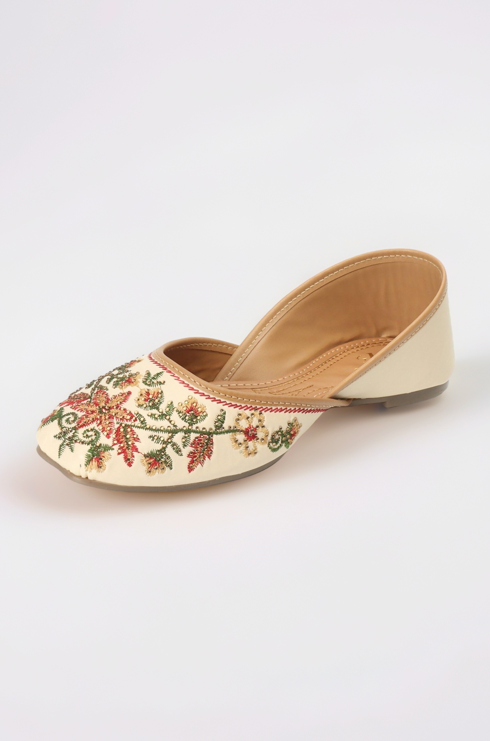 Women's Cream Embroidered Flats | Traditional Punjabi Juttis with Intricate Floral Design | Cushioned Footbed for Comfort | Stylish & Lightweight Punjabi Juttis for Girls & Women