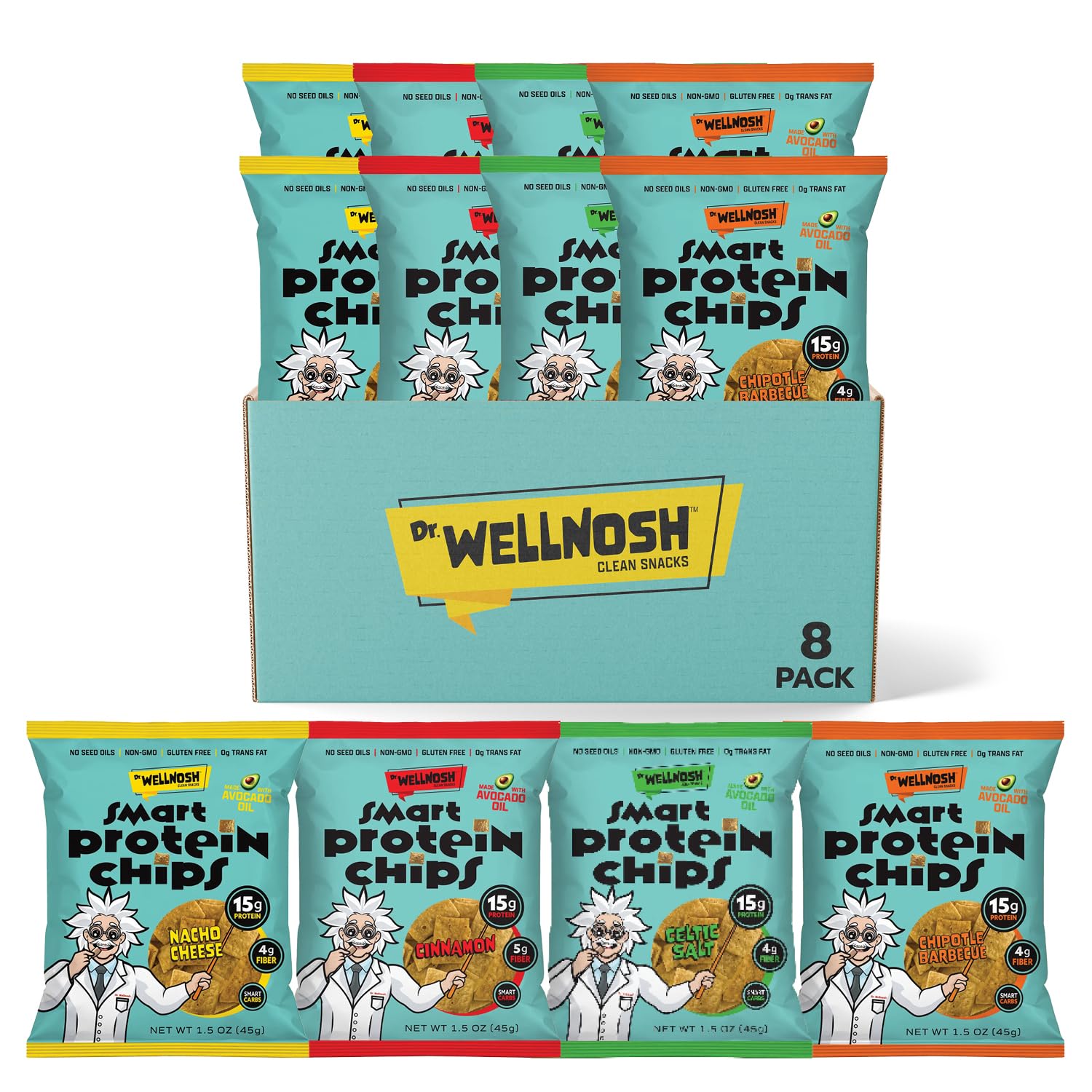 Dr. Wellnosh Chips de Proteína de Fava com Óleo de Abacate, 15 g de proteína, Variedade, 8 pacotes