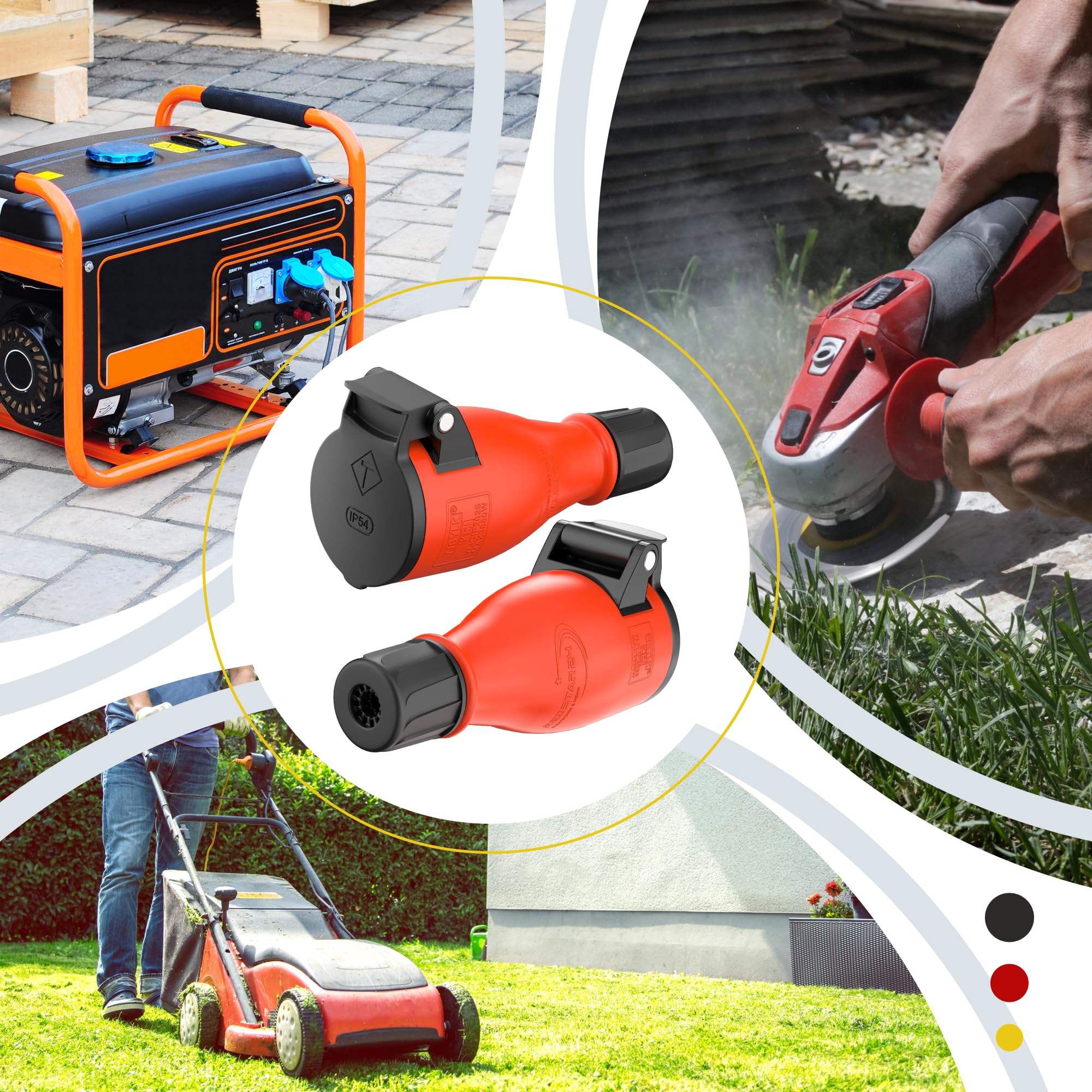 RedStar24 Presa femmina 220 V IP54 | Robusta gomma e plastica | Coperchio a molla automatica, perfetto per l'esterno, presa elettrica a 3 pin, set di 2 spine femmina Schuko