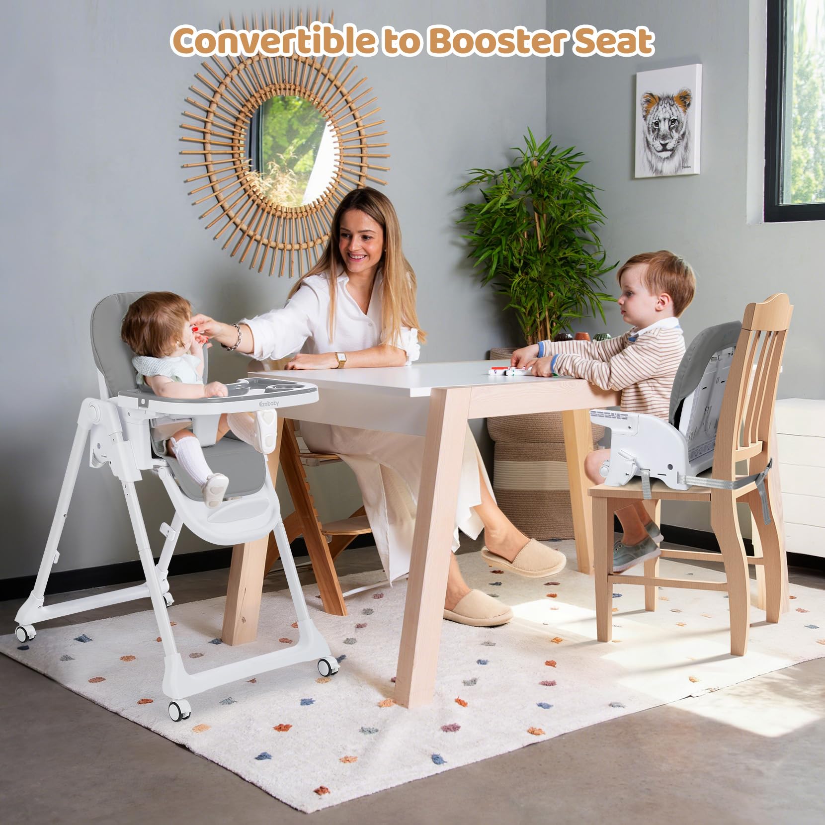 Chaise Haute Bébé Pliable avec Arche de Jeux, Réglable en Hauteur, Siège PU, Roues et Double Plateau, Convertible en Rehausseur