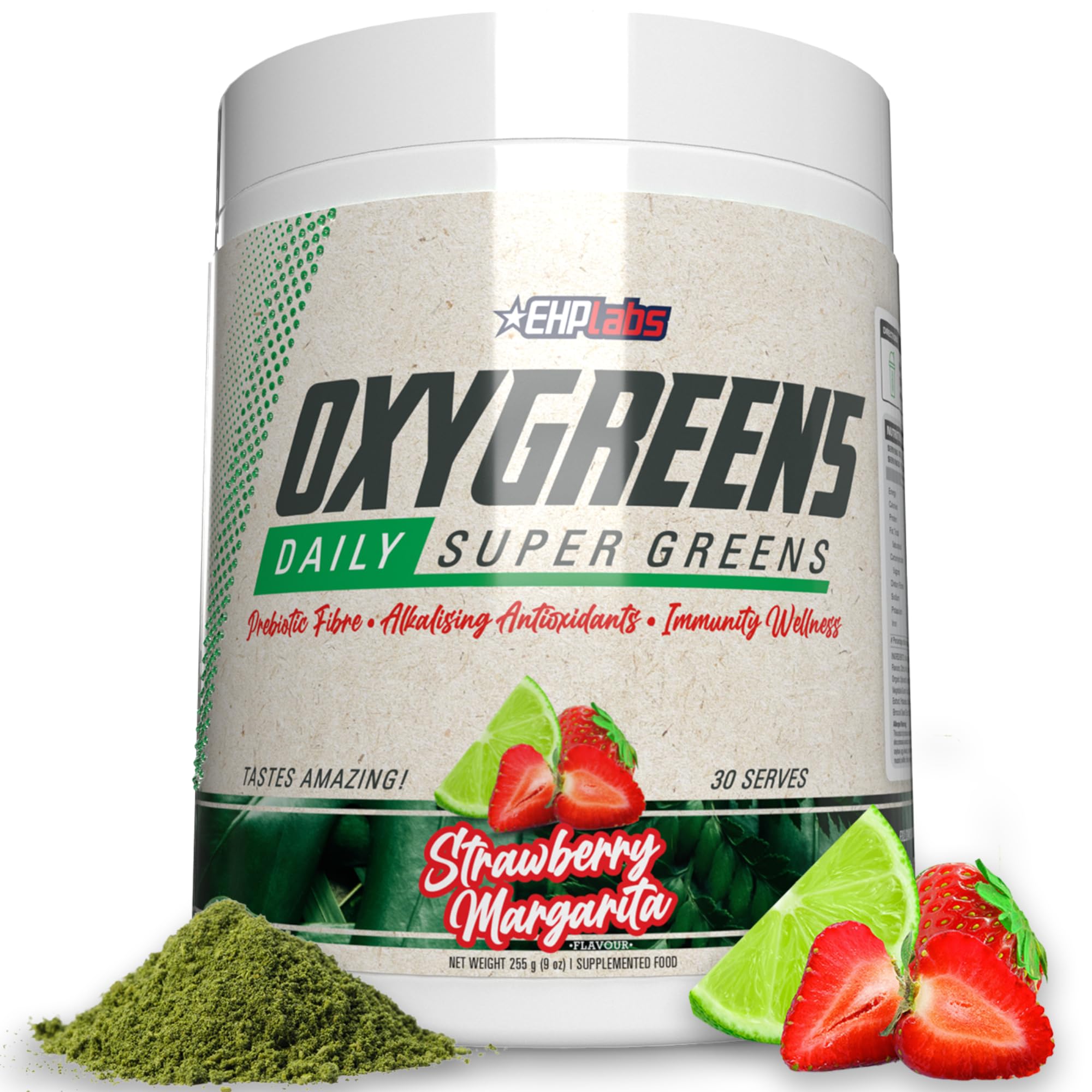 EHP Labs OxyGreens Super Greens Powder - Spirulina & Chlorella Superfood, Green Juice Powder & Greens Supplements with Prebiotic Fibre, Antioxidants & Immunity Support, 30 Serves (Strawb. Margarita)