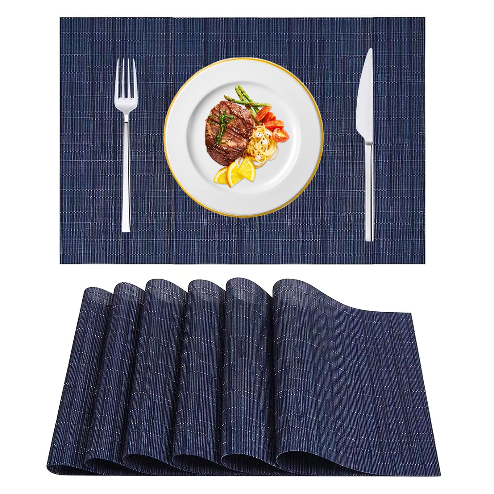HIUOUIH Tischsets Abwaschbar 6 Stück, Platzsets Abwaschbar aus PVC 45 x 30 cm, rutschfeste Platzdeckchen für Esstisch und Küche, Tischunterlage Blau