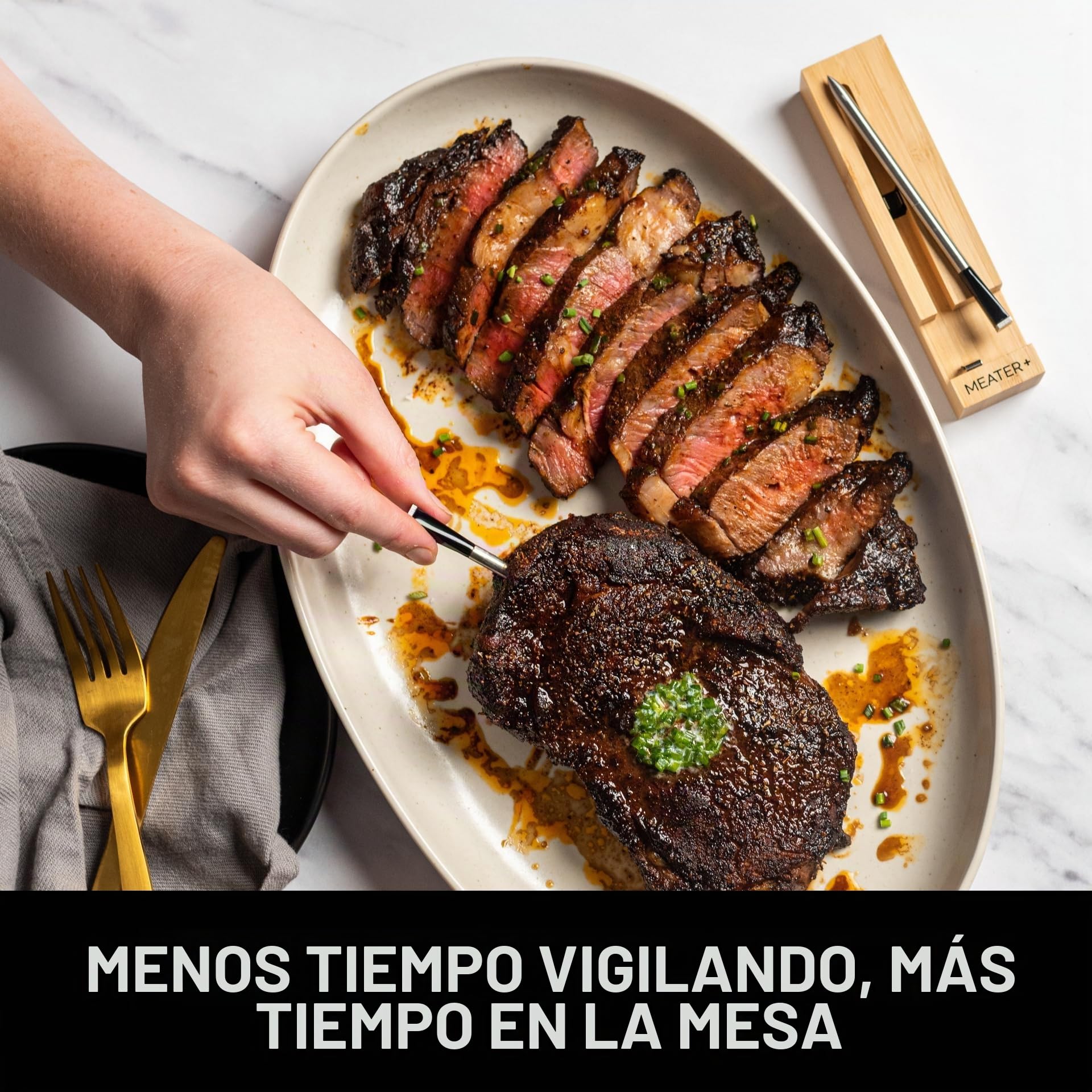 MEATER Plus | El termómetro inteligente inalámbrico para carne con alcance de 50 m para horno, parrilla, sartén y asador perfecto para disfrutar de la carne a través de la aplicación en alemán
