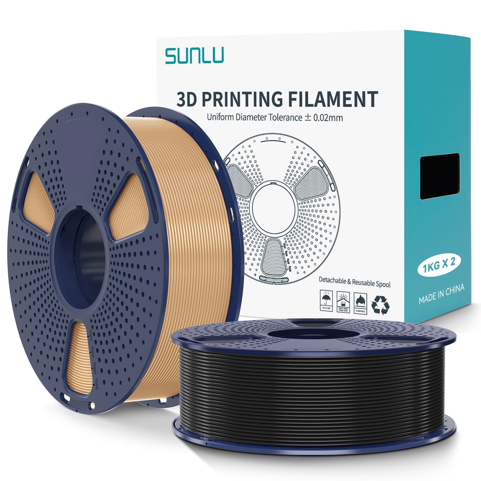 SUNLU PLA+2.0 Filamento per stampante 3D, Filamento PLA Plus di Aggiornamento 2KG, Precisione dimensionale +/- 0.02 mm, Bobina da 1kg (2.2LBS), 2KG in Totale, Nero+Colore del legno