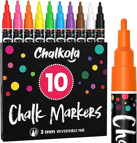Miniatura 10 de Chalkola Marcadores de tiza de punta extra fina para pizarra (punta de 0.039 in, paquete de 10 unidades), borrado en húmedo, bolígrafos de tiza