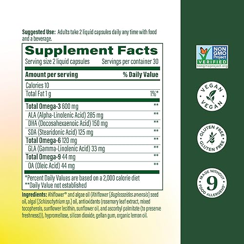 Vista 2 de MegaFood Suplemento vegano Omega 3 6 9 sin eructos - 600 mg de Omega 3 a base de plantas y 150 mg de DHA por porción - Soporte para corazón