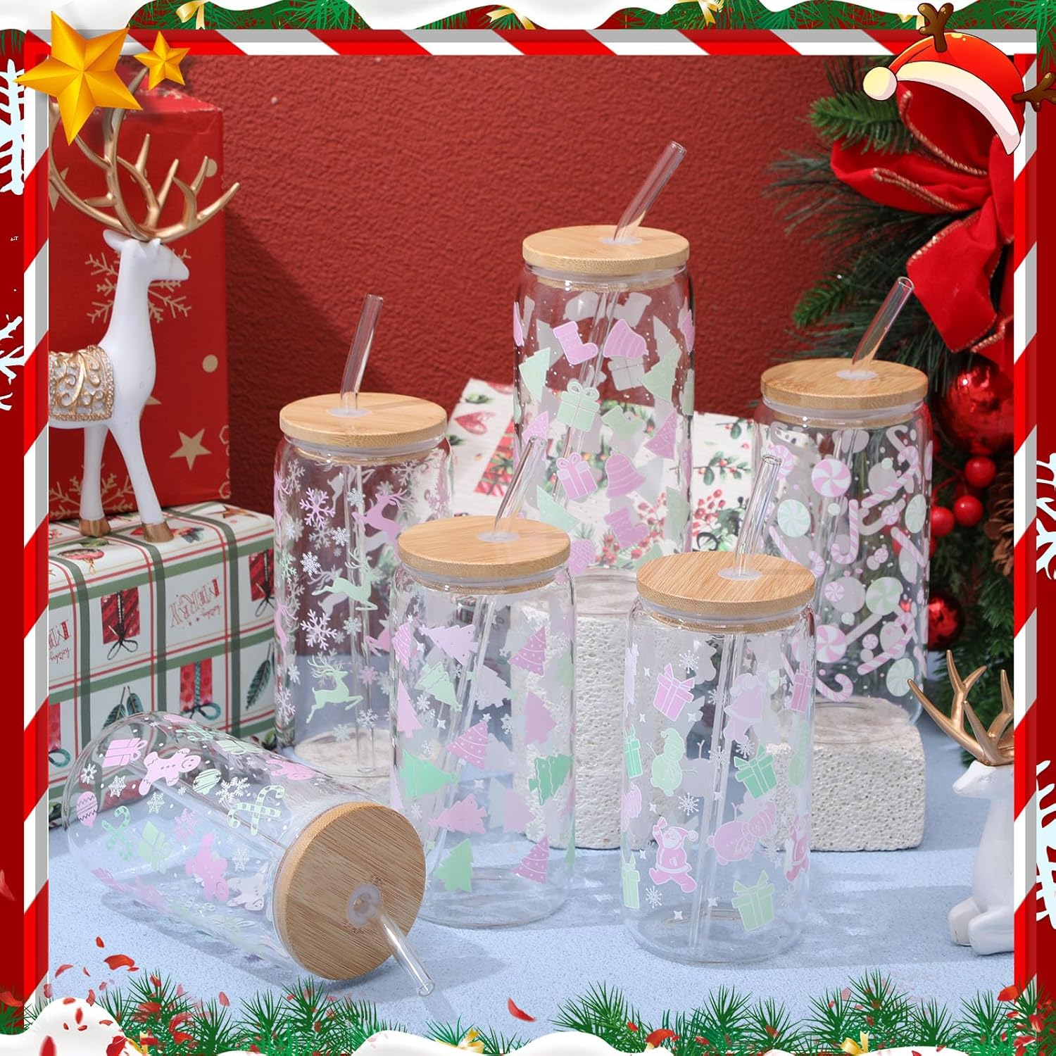 12 Set Holiday Christmas Glass Cups Gift 16Oz Winter Drink Glasses with Lid Straw Santa Iced Coffee Glass Tumbler Gift for Holiday New Year Women Coworker Employee Appreciation (Pink)