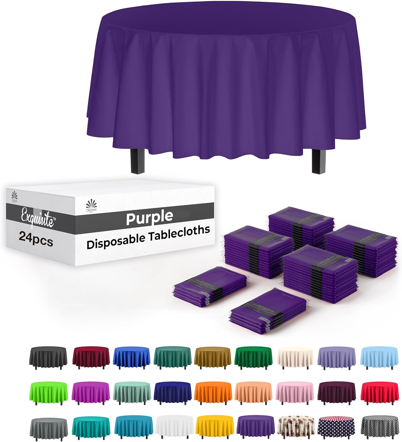 Party Solids Purple Round Plastic Tablecloth - 84 Inch, Pack Of 24
