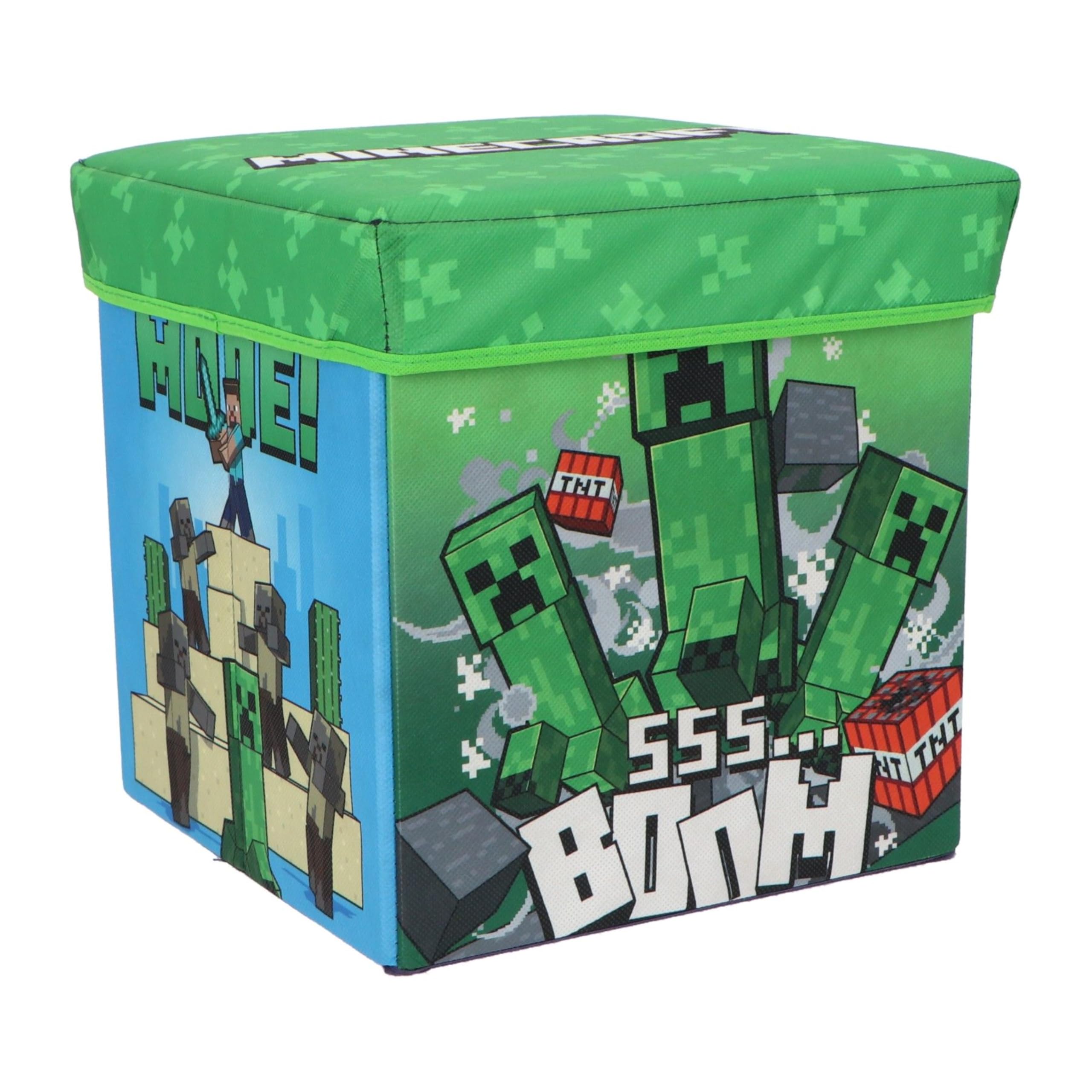 Cozy Noxxiez Minecraft Children’s Folding Storage Toy Box Stool – 30×30×30 Cm | Foldable Ottoman With Removable Lid | Kids Toy Chest & Seat | Folds Flat For Easy Storage | Fun Designs For Playrooms & Bedrooms (Minecraft)