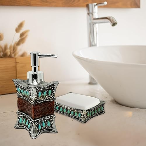 Miniatura 8 de Juego de baño rústico de 3 piezas de piel sintética de resina decorativa con gema turquesa, botella de bomba, soporte para cepillos de dientes y