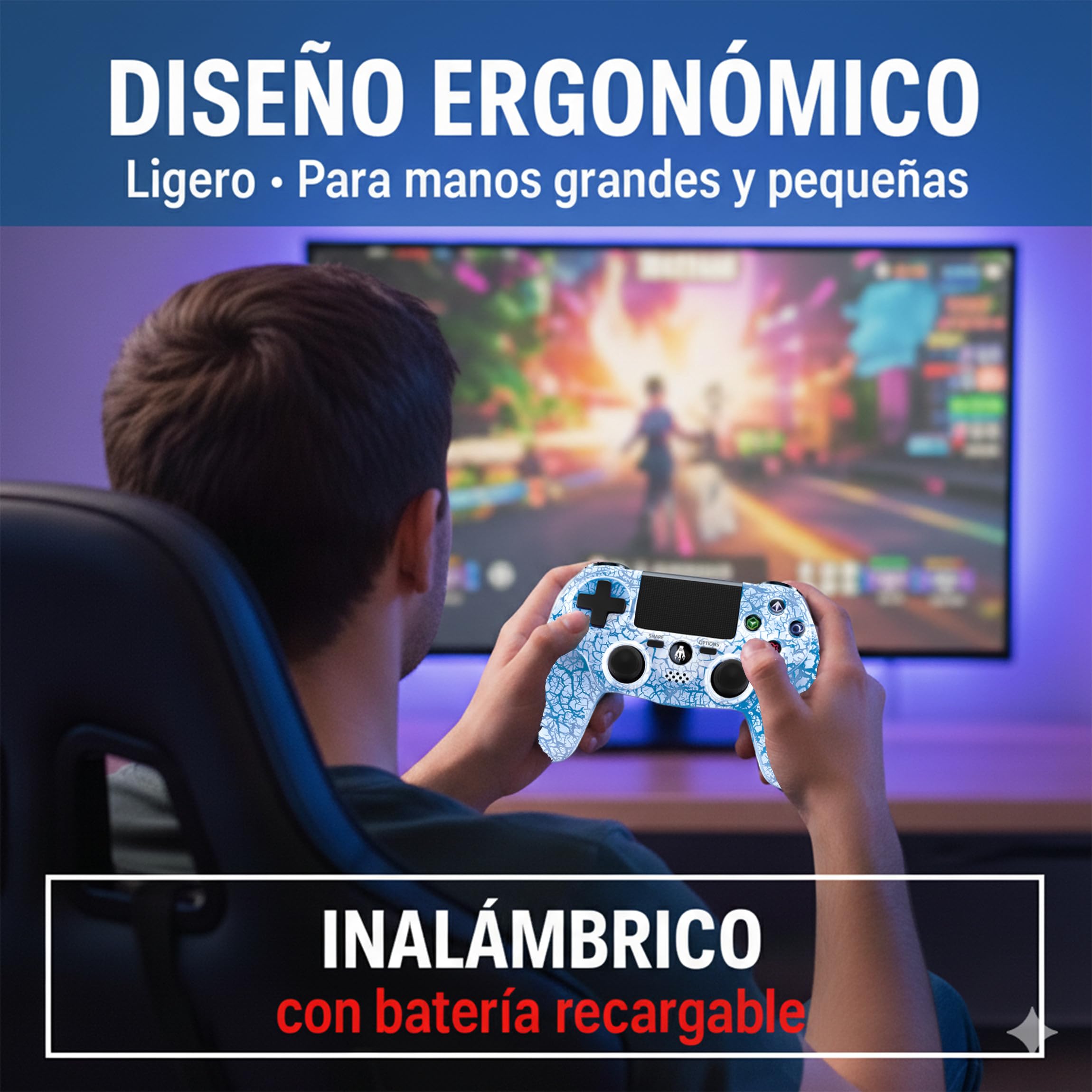 Mando Inalambrico PS4 Gaming Blanco LED RGB 7 Colores Compatible Con PS4 Y PC Windows Android Y iOS Vibracion Dual Joysticks Precisos Touch Pad Bateria 1000mAh Diseño Ergonomico Bluetooth Gamepad Plus