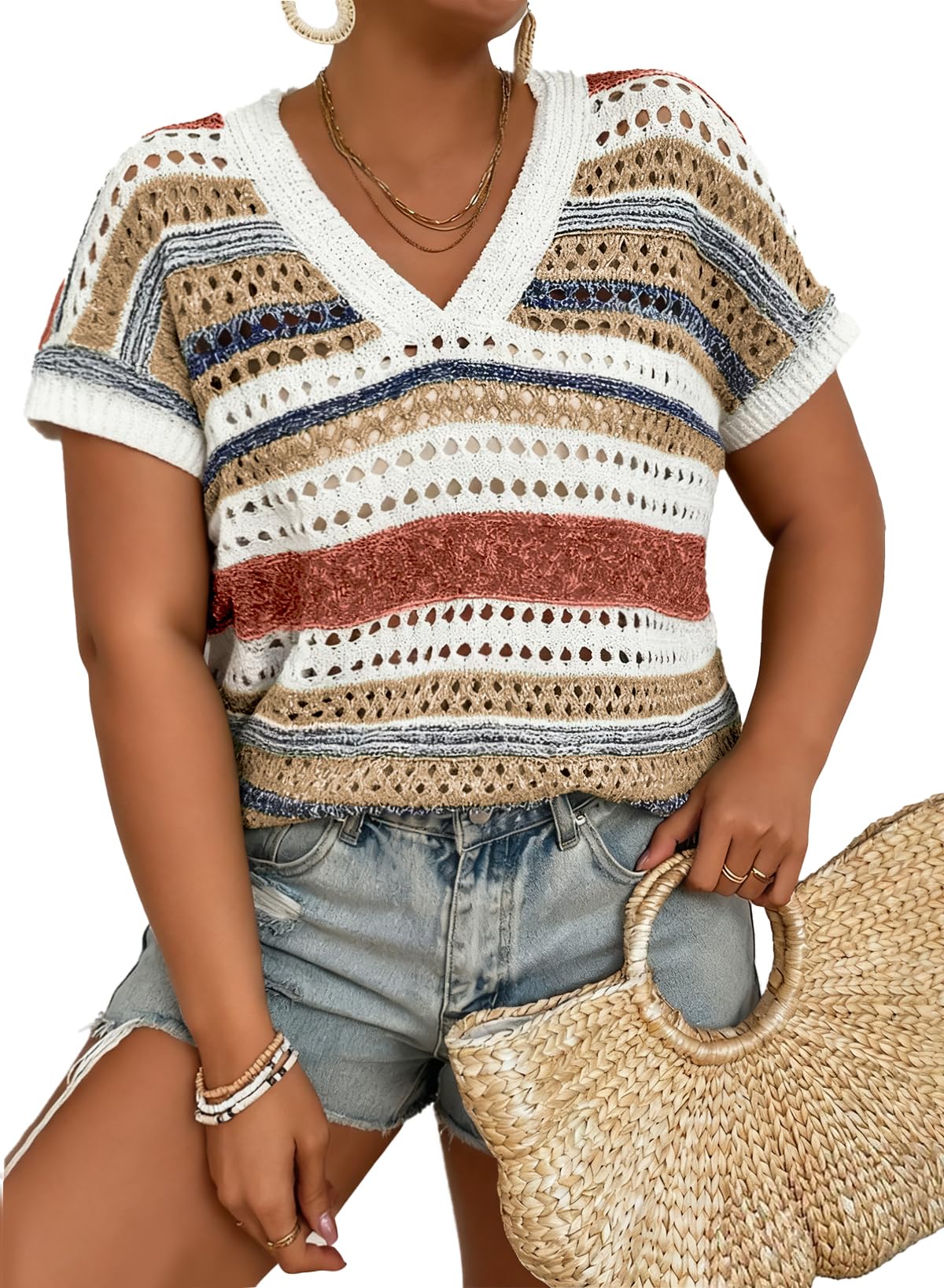 Eytino Plus Size Tops for Women Striped V Neck Short Sleeve Hollow Out Crochet Knit Sweater 2026 Sping