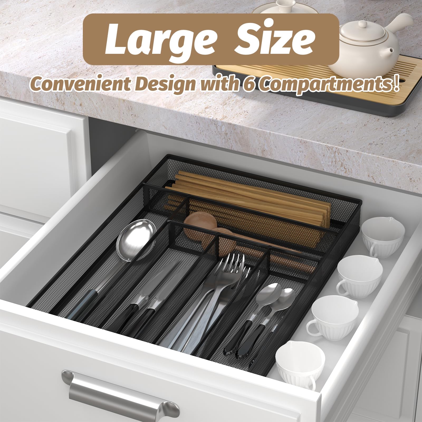 Organizador de cubiertos de malla de metal, organizador de cajones grandes, bandeja de cubiertos para cajones de cocina, organizador de cubiertos con 6 compartimentos, negro (11.3 x 16 3