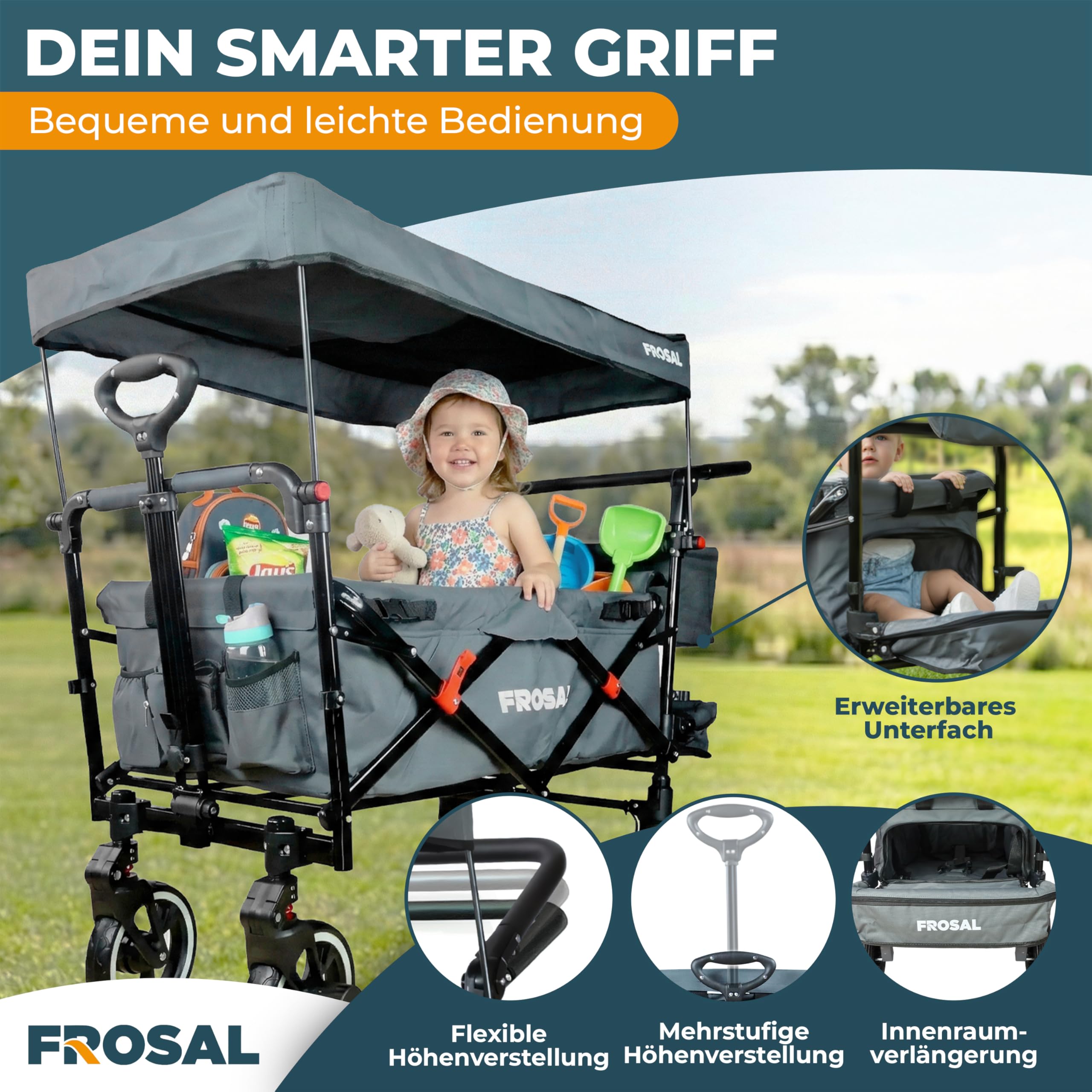 FROSAL Bollerwagen Paul faltbar mit Dach – Handwagen klappbar für Kinder, Strand, Camping & Garten – 80kg belastbar – gefederte Räder, Bremse, Schiebegriff & Zugstange – grau