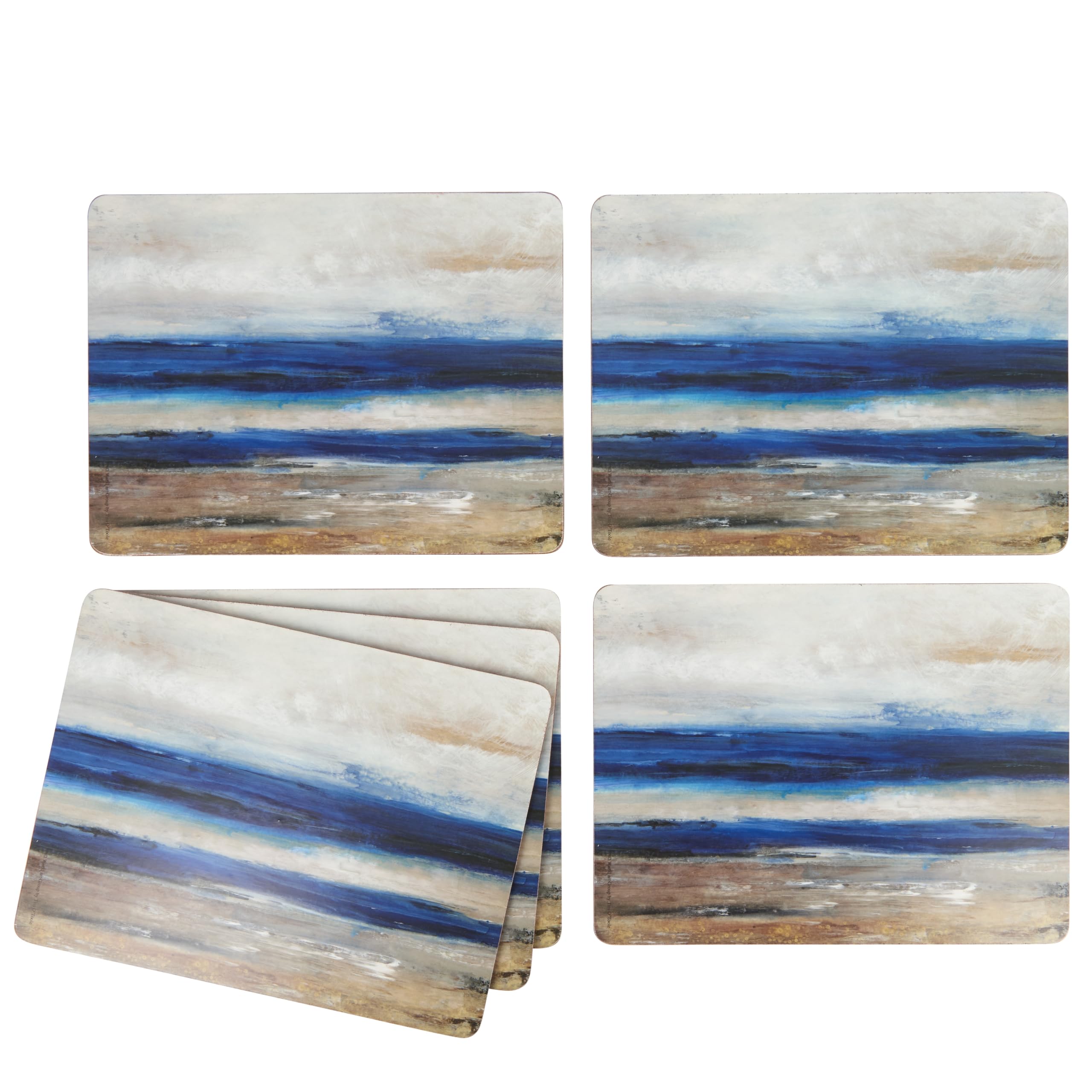 Creative Tops Wooden Placemats Set of 4, Abstract Ocean View, Cork Backed Table Mats, 30 x 22.8 cm, Blue/Grey