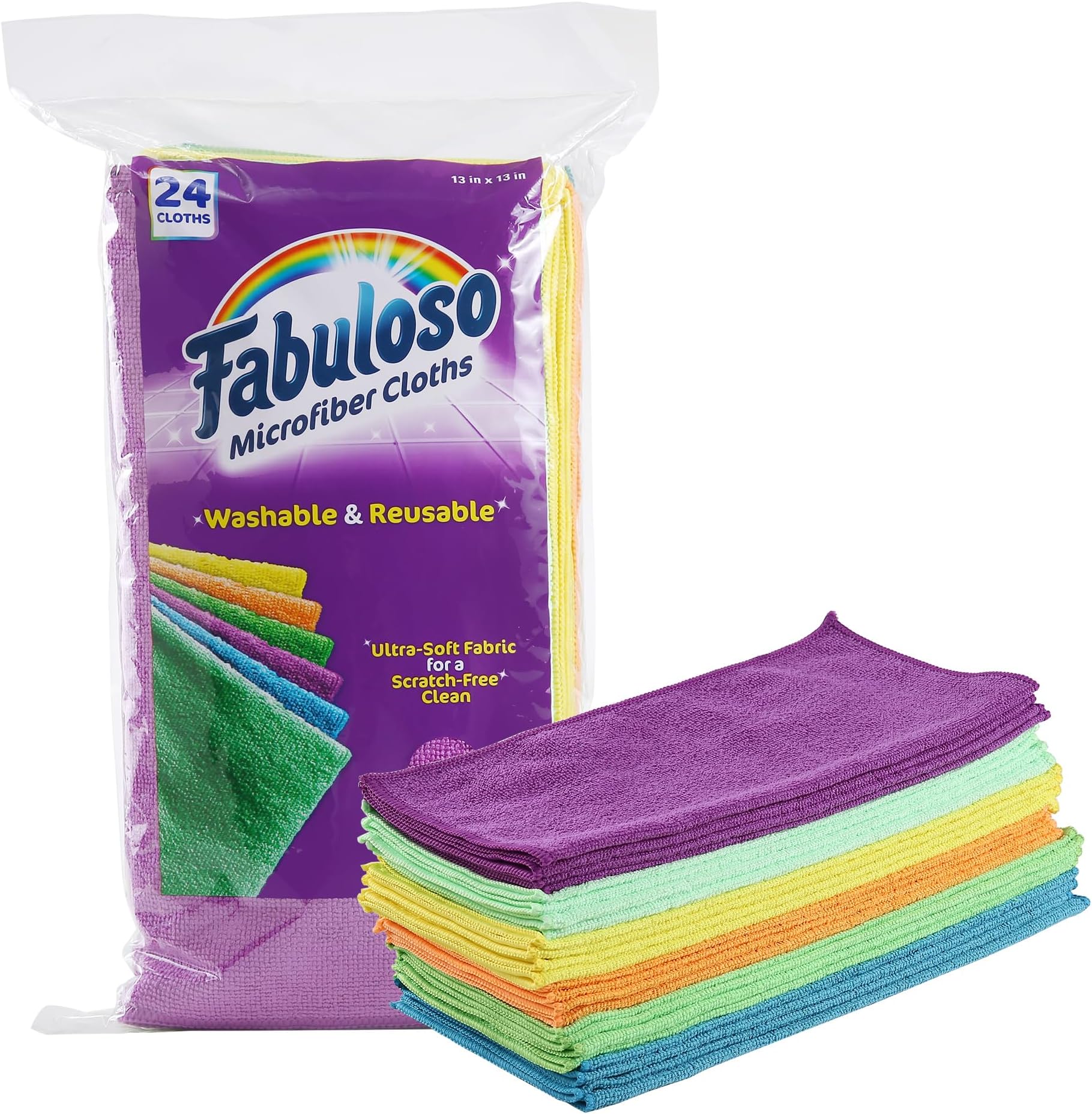 Microfiber Cleaning Cloths, 24 ct, Rainbow Colors | Lint-Free, Scratch-Free Cleaning Cloths for Surfaces and Wood Furniture | Microfiber Dustless Cloth for Bold and Bright Cleaning Experience