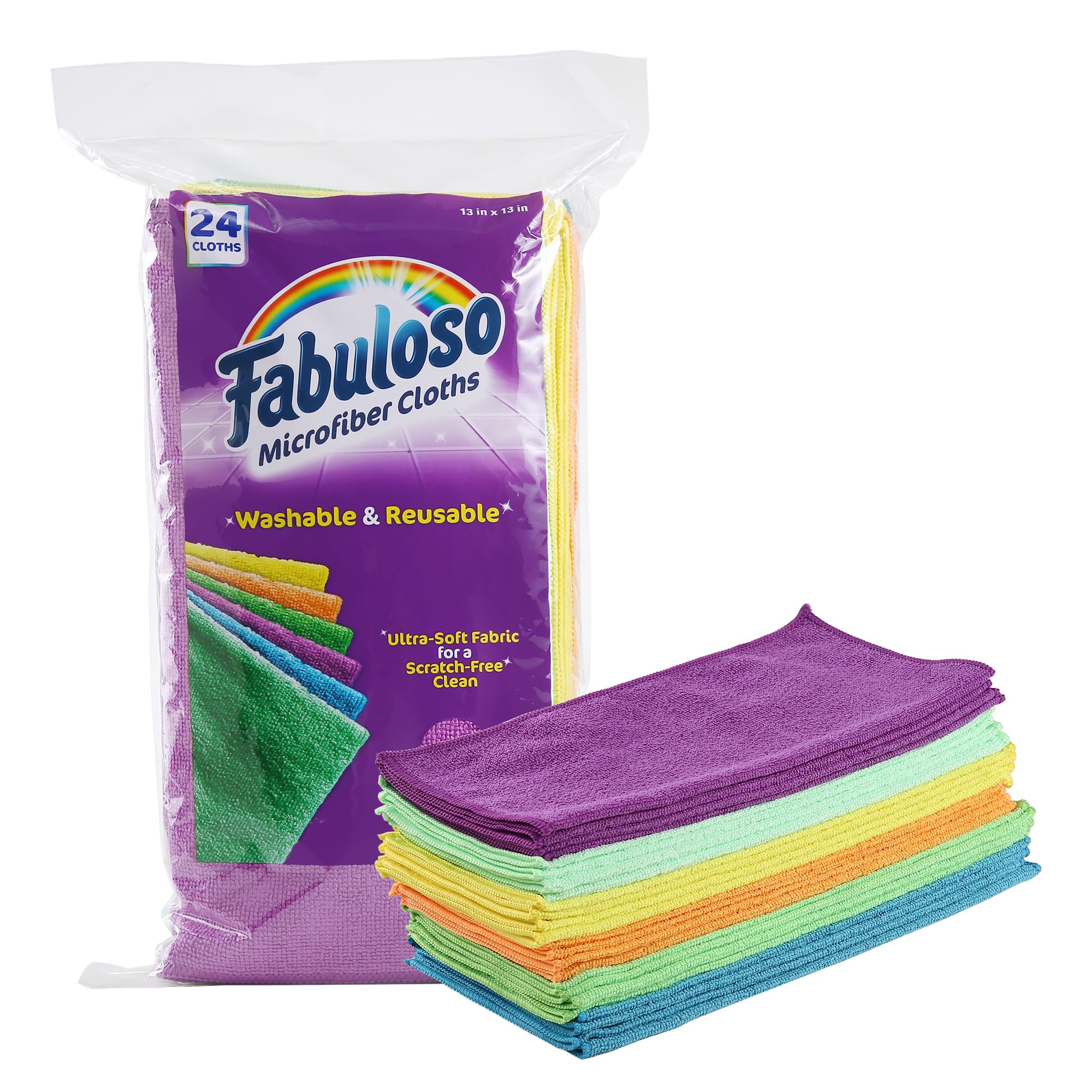 Fabuloso Microfiber Cleaning Cloths, 24 ct, Rainbow Colors | Lint-Free, Scratch-Free Cleaning Cloths for Surfaces and Wood Furniture | Microfiber Dustless Cloth for Bold and Bright Cleaning Experience