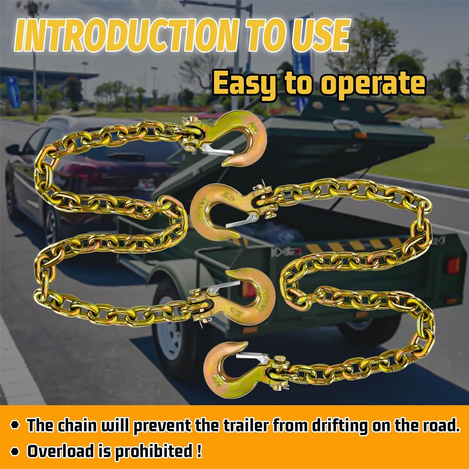 5/16" Trailer Safety Chains with Hooks G80 Trailer Chains with 4 X G70 Clevis Safety Hooks 36" 17000 lbs Break Strength 4900 lbs Safety Working Load Heavy Duty Tow Chains Binding Chains(2 Pack Yellow)