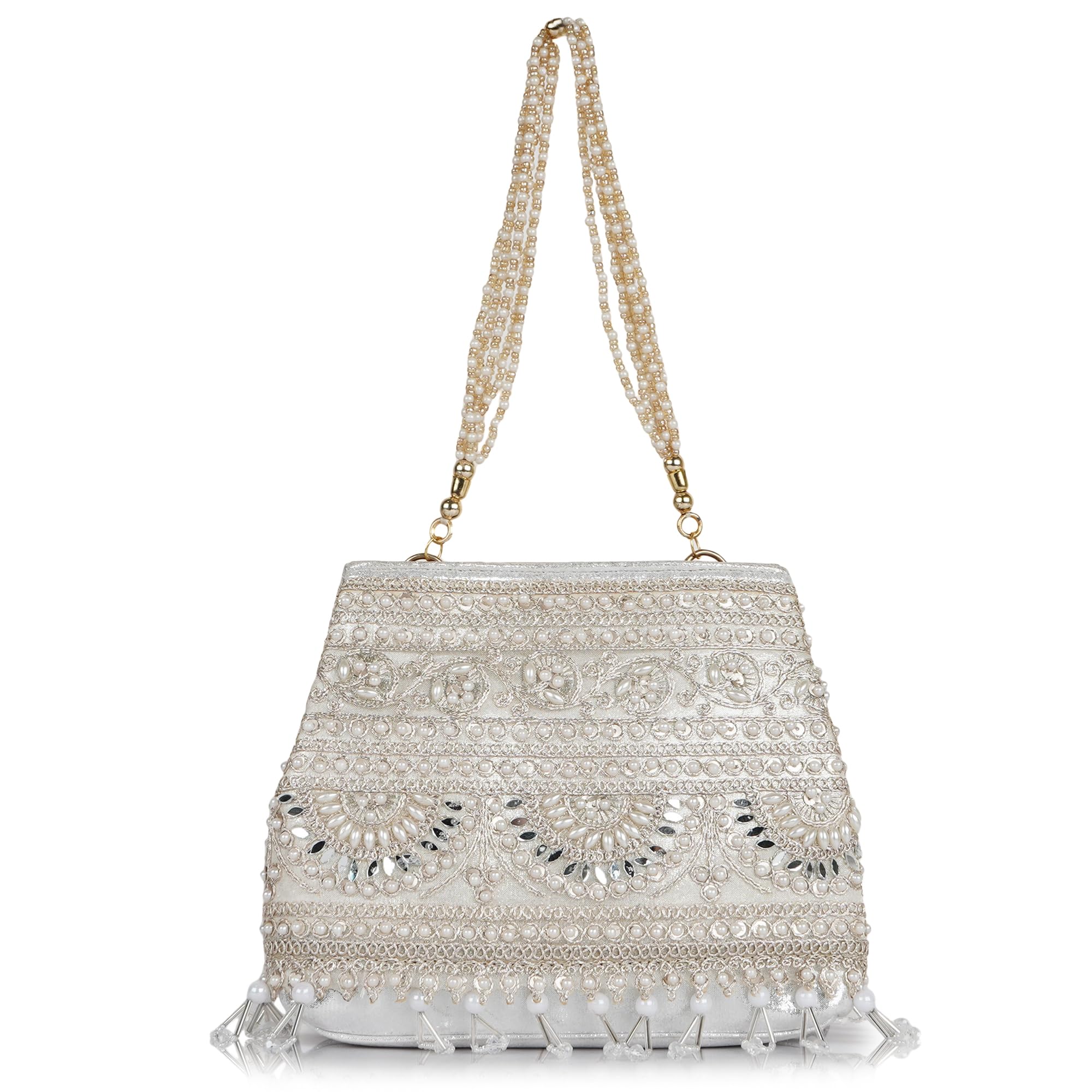 Stylish Embroidery Unique Design Traditional Wedding Party Handheld Potli Bag for Women (Silver)-image-34