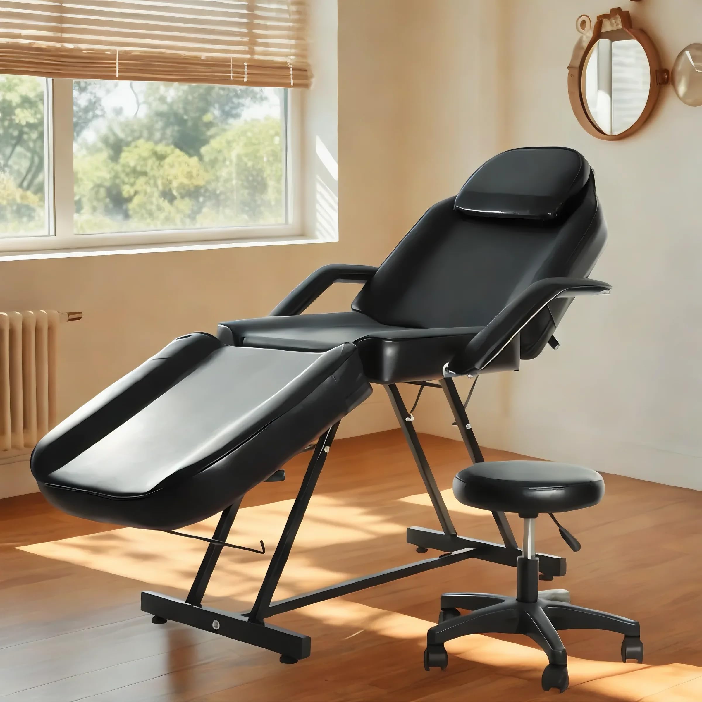 Camilla de Masaje Ajustable Cama de Masaje Plegable de Cuero PU con Taburete para Uso Profesional y Doméstico (Negro)
