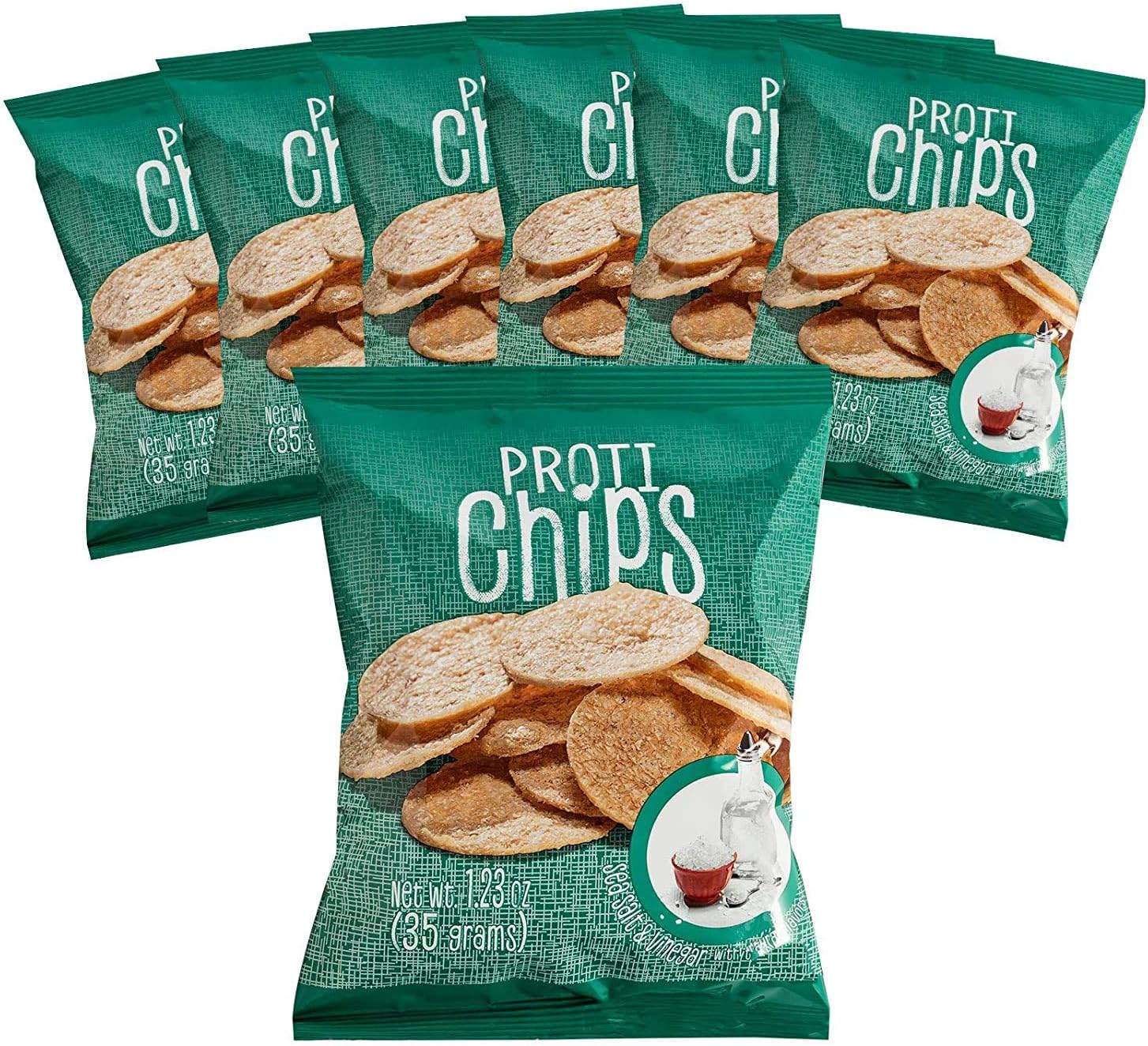 Proti Fit - Sea Salt & Vinegar Proti Protein Chips, 15g Protein, Low Calorie, Low Fat, Low Carb, High Fiber, Gluten Free, Healthy Snack Chips, 7 Single Serving Bags (Sea Salt & Vinegar)