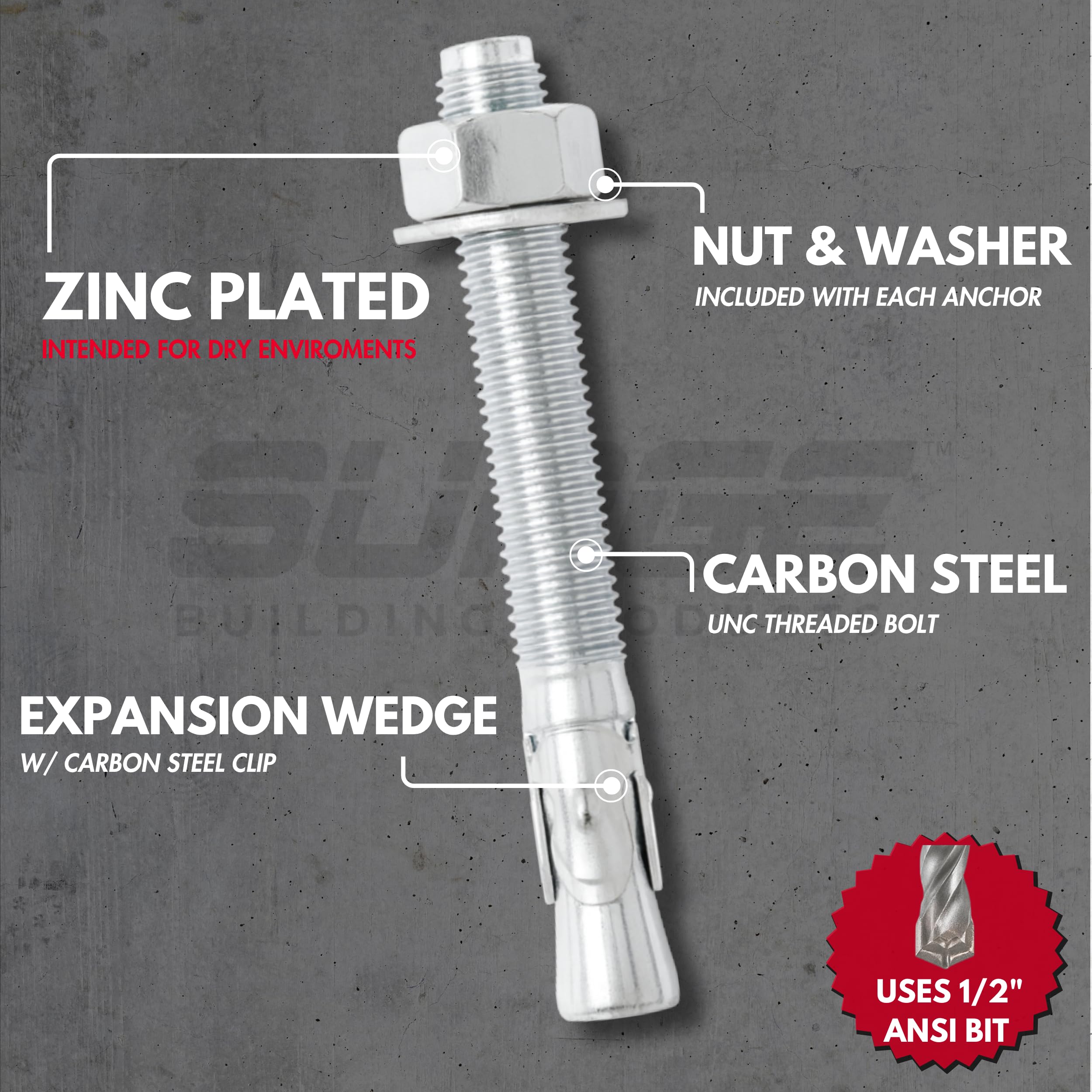 Zinc Wedge Anchors - 50 Pack for Concrete -3