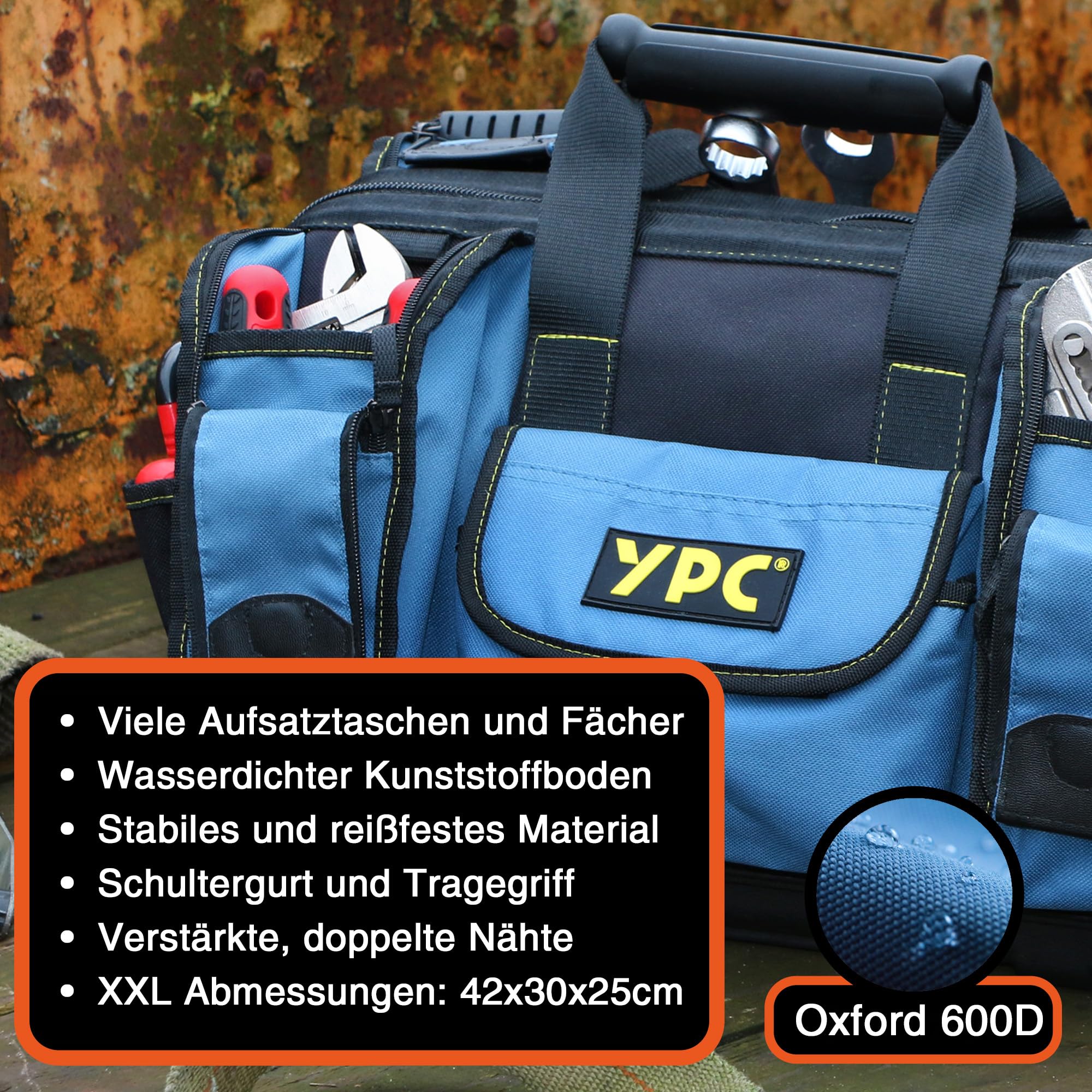 YPC Profi Werkzeugtasche leer XXL – 42x30x25cm große Tasche mit stabilem Boden, Wasserfest, Tragegriff & verstellbarer Schultergurt, Arbeitstasche, Reisetasche, Tool Bag für Werkzeug – 20 kg Tragkraft