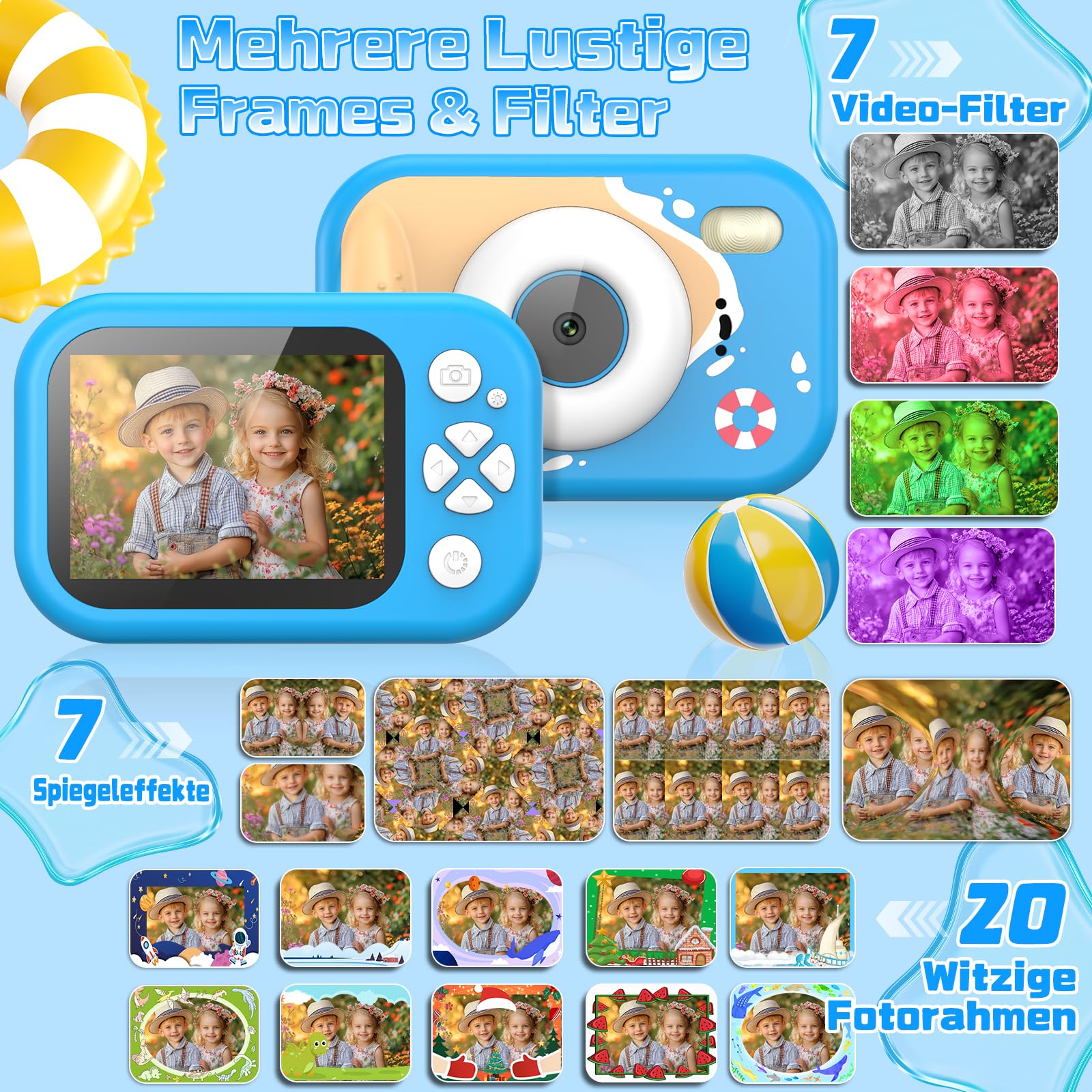 CHAKEYAKE Unterwasserkamera, IP67 wasserdichte Digitalkamera mit 32GB Karte, 1080P 10X Zoom Kinderkamera, Geschenk für Jungen und Mädchen 3–12 Jahre, Strand und Pool Spielzeug, Blau
