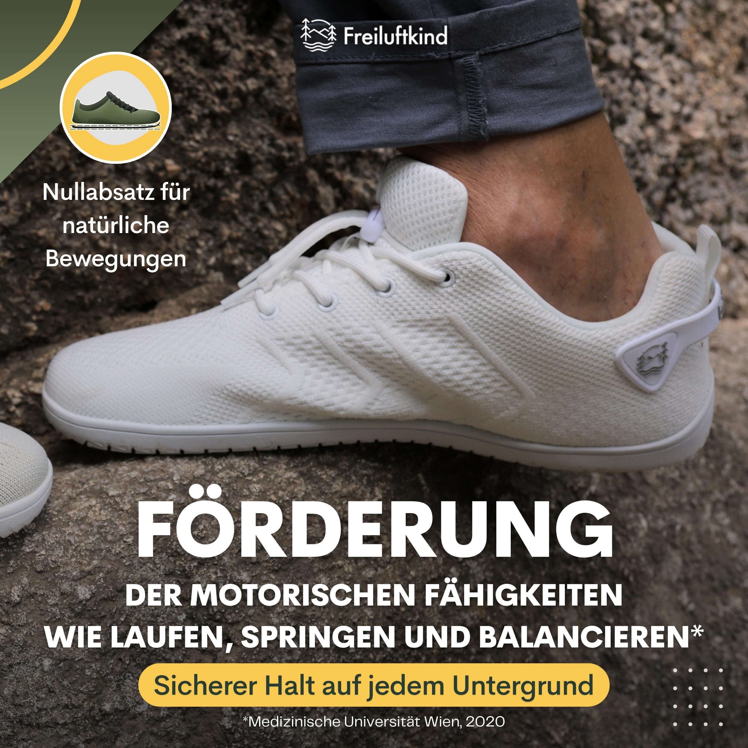Freiluftkind Das Original Camino – Sportliche Sneaker Barfußschuhe (Wei-/ Gr. 35-49) – Unisex Barfußschuh für Bewegung und Dynamik – Mit innovativer und atmungsaktiver Webstruktur