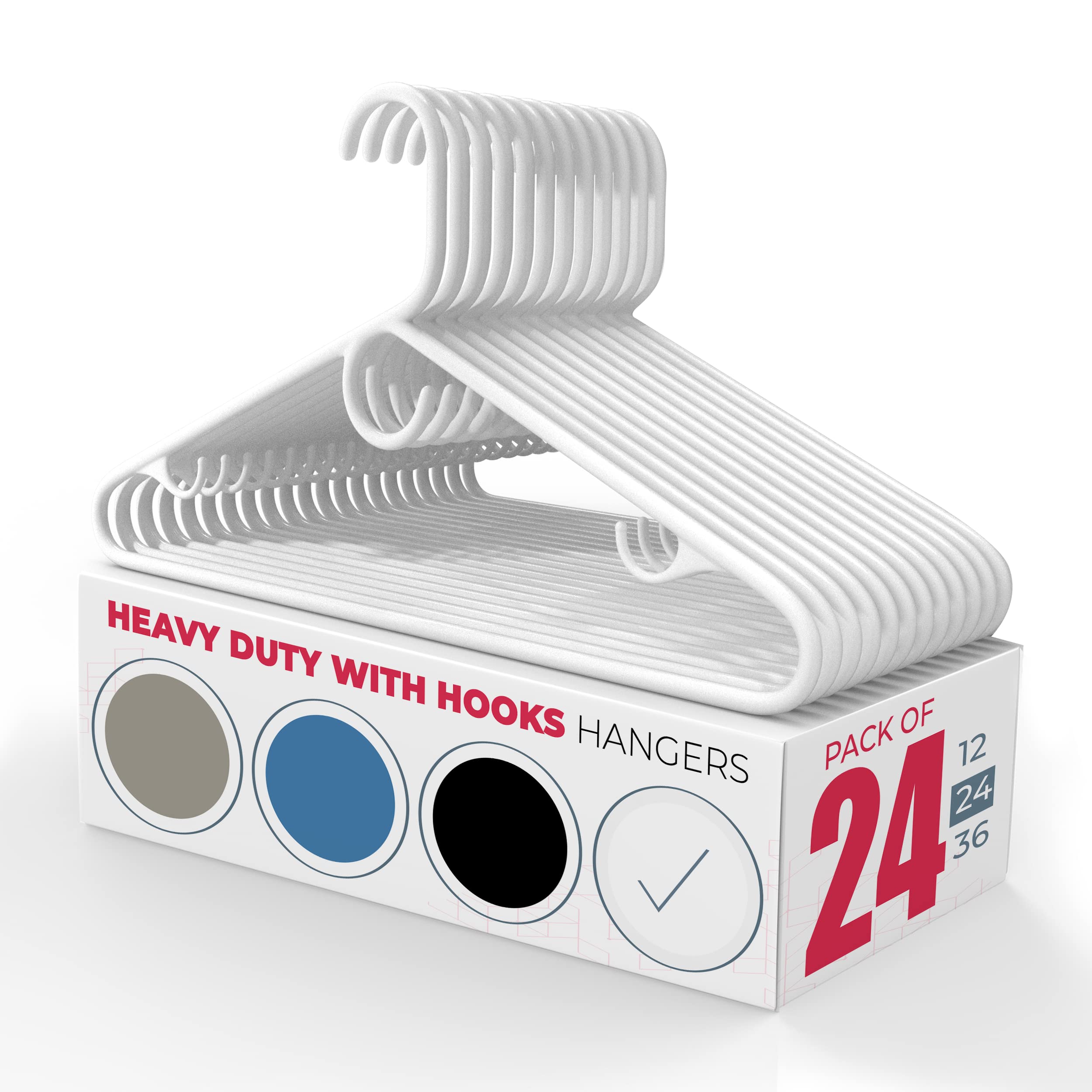 Neaties Heavy-Duty Plastic Hangers White (12, 24, 36 Packs) with Strap Hooks - Non-Slip Heavy-Duty Plastic Clothes Hangers with Accessory Hook for Suits, Coats, Dress, Shirts, or Belts (24 Pack)