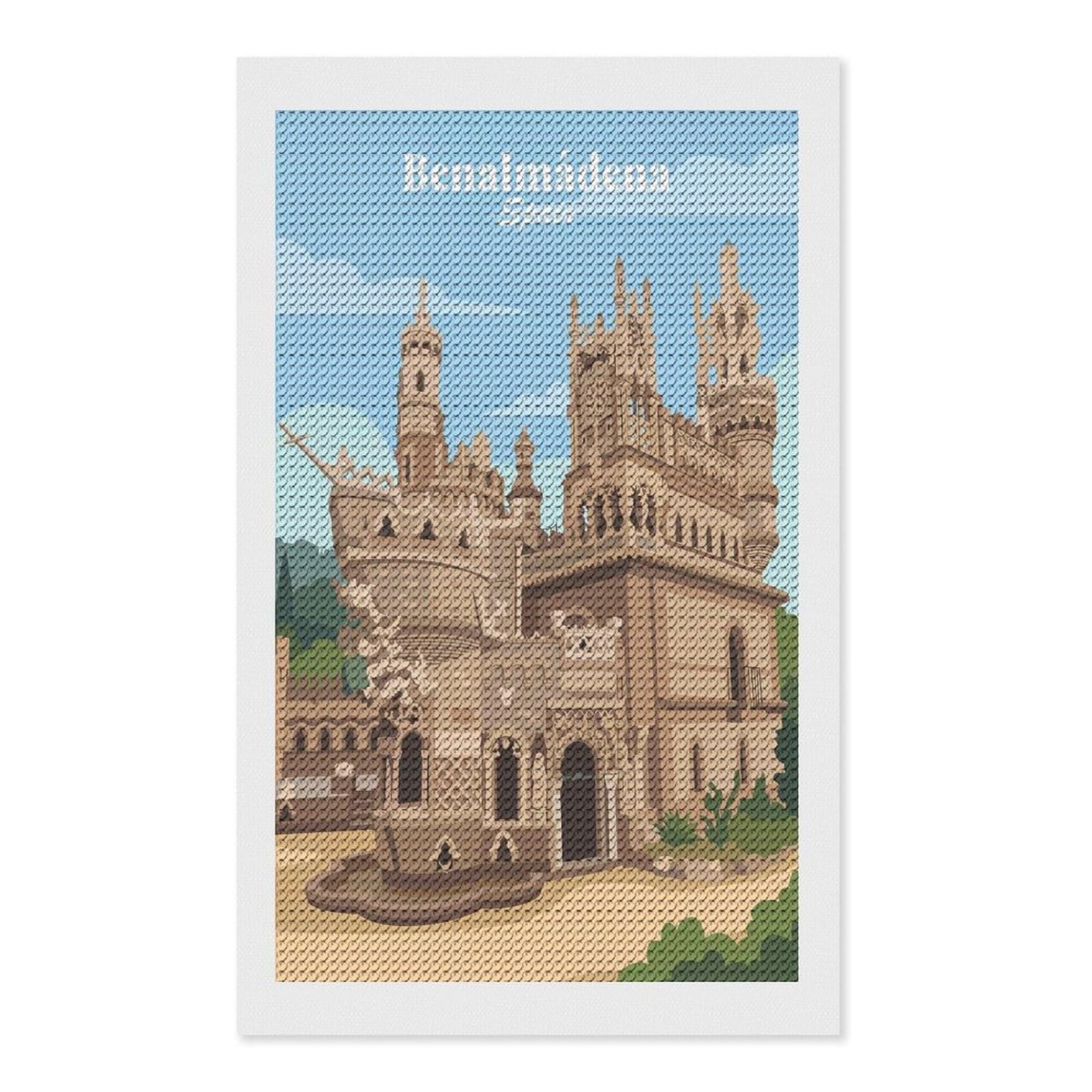 Junmoney Benalmadena Spain Castle Diamond Painting Canvas Set 12"x20", for Adults, Sparkling Round Gems, Thoughtful Handmade Gift, Modern Decor