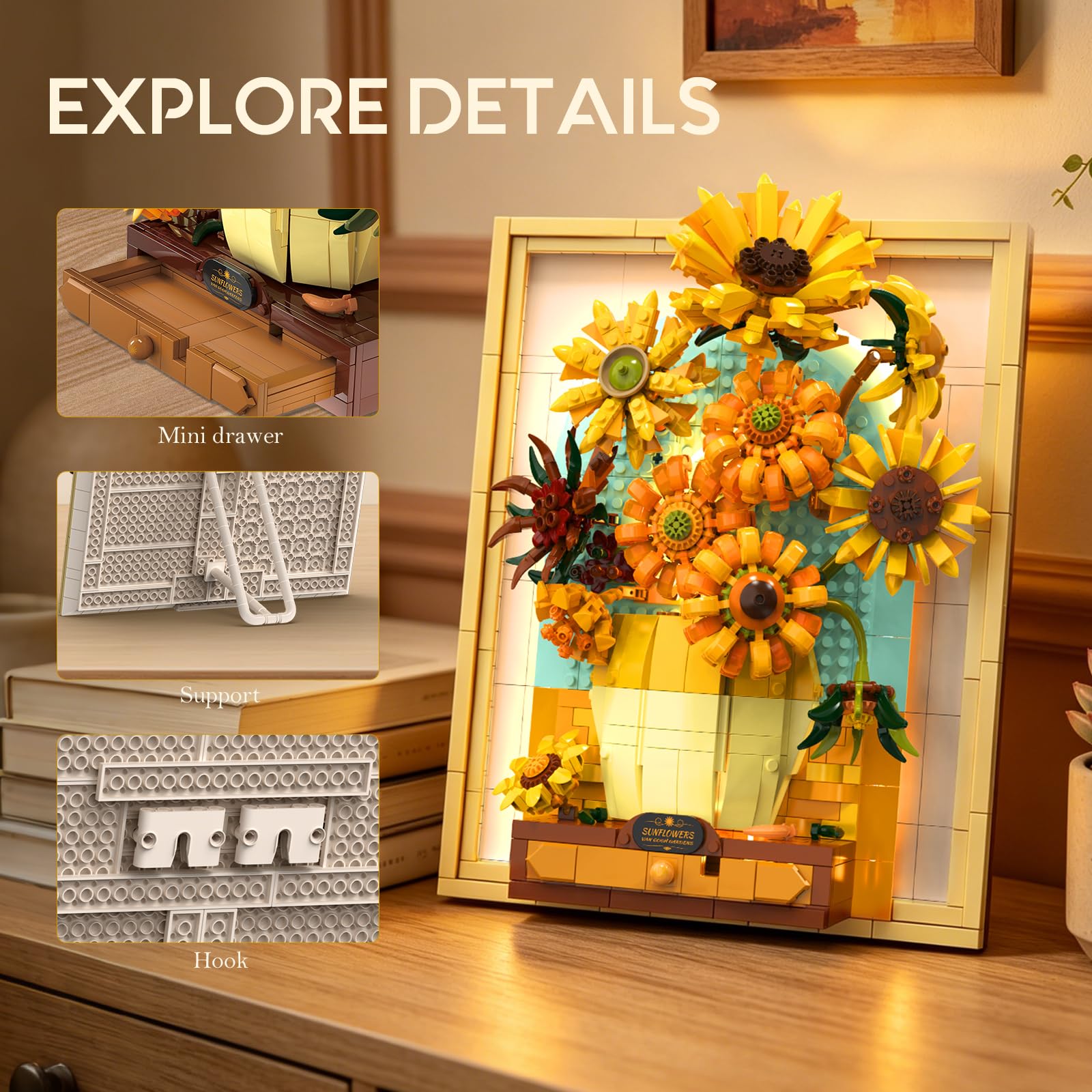 JMBricklayer Juego de construcción de flores de girasol para adultos con luces 70004, Van Gogh, ideas de arte de pared, ramo de flores, marco de pintura para decoración de habitación, ideas de regalos