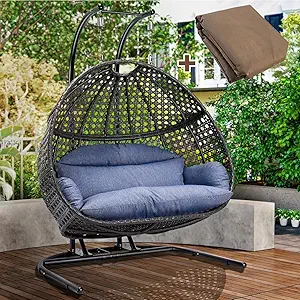 2 Person Swing Chair with Stand, X-Large Wicker Rattan Hanging Egg Chair Loveseat Chair with Cushion and Cover for Indoor Outdoor Bedroom Patio Garden (Black Frame + Dusty Blue Cushion)