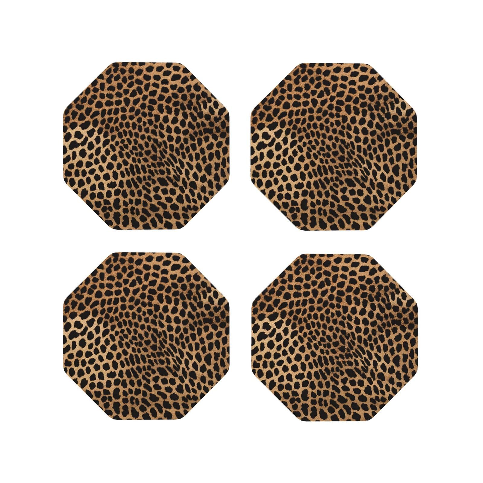(Leopard Print) Drink Coasters Set Of 4 Non-Slip Leather Coasters For Cups Mugs Glasses Tabletop Protection For Home Office Bar