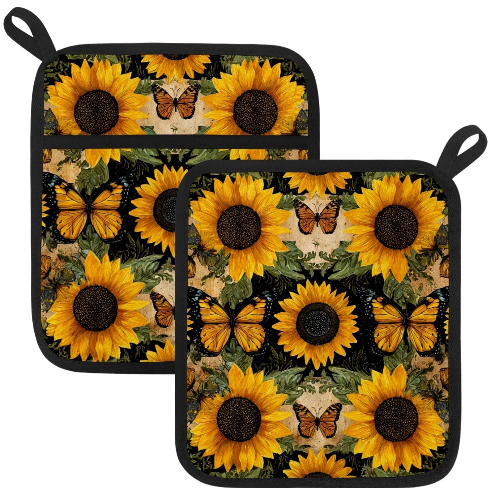 VAPOKF Butterfly Sunflower Kitchen Hot Pot Holder, Pot Holders Heat Resistant Pot Holder with Pocket Heat Resistant Trivets for Hot Pans Cotton Pot Mitts for Kitchen Cooking Baking