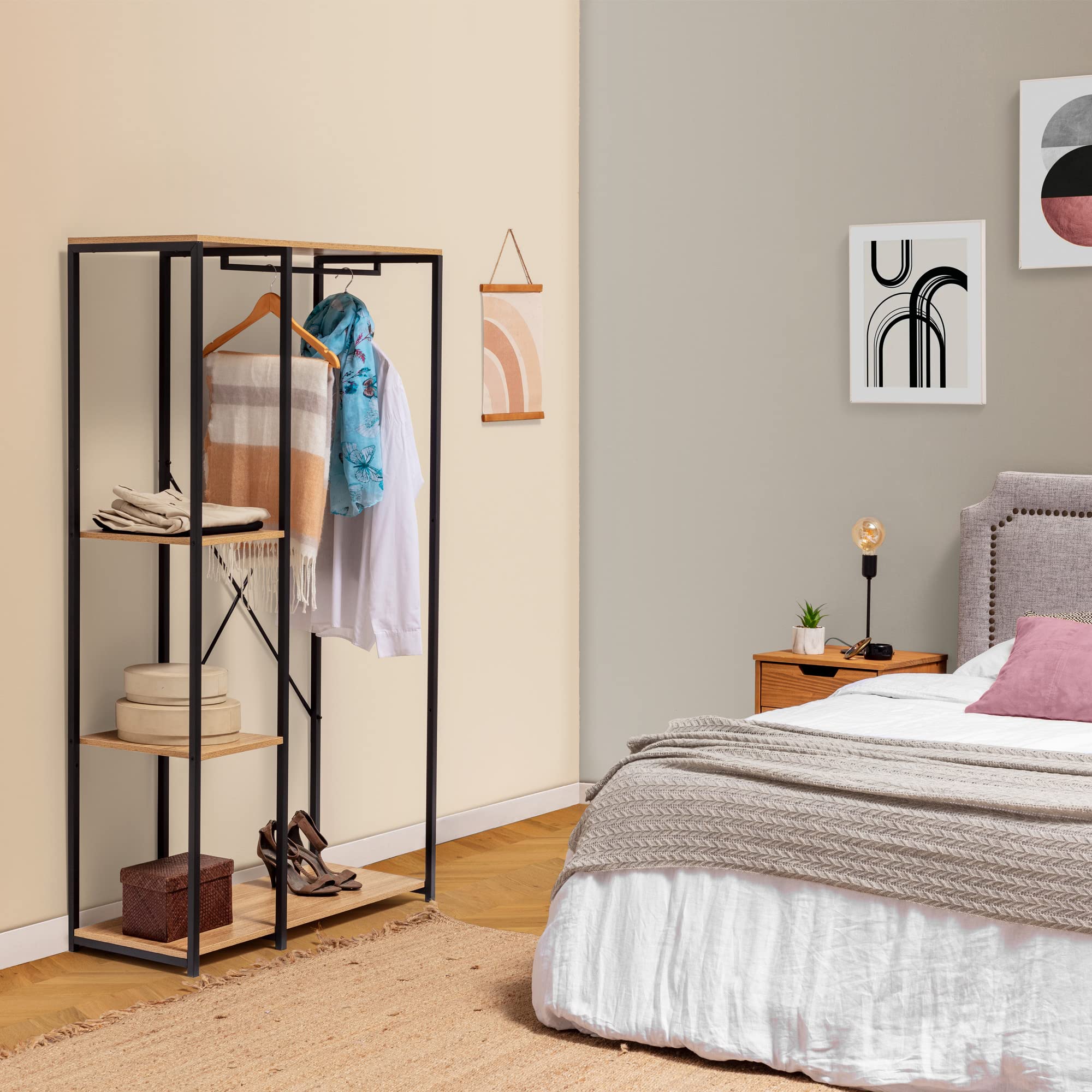HOMN LIVING Perchero con Zapatero Lola con Banco 3 estantes, Color Roble/Negro, 90 cm (Ancho) 40,5 cm (Profundo) 167 cm (Altura)