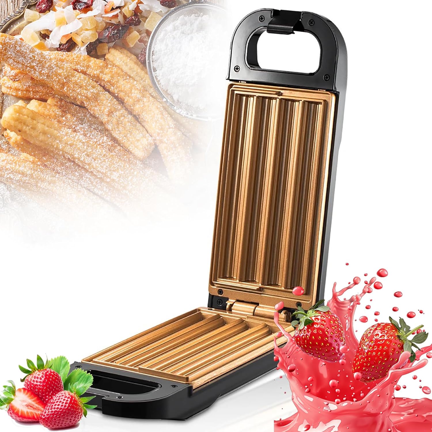 750W Electric Doughnut Maker - Non-Stick Dessert Machine for Healthier Churros & Treats, Cool-Touch Handles, Safety Lock, Indicator Lights, Aluminium Plates, Easy to Use