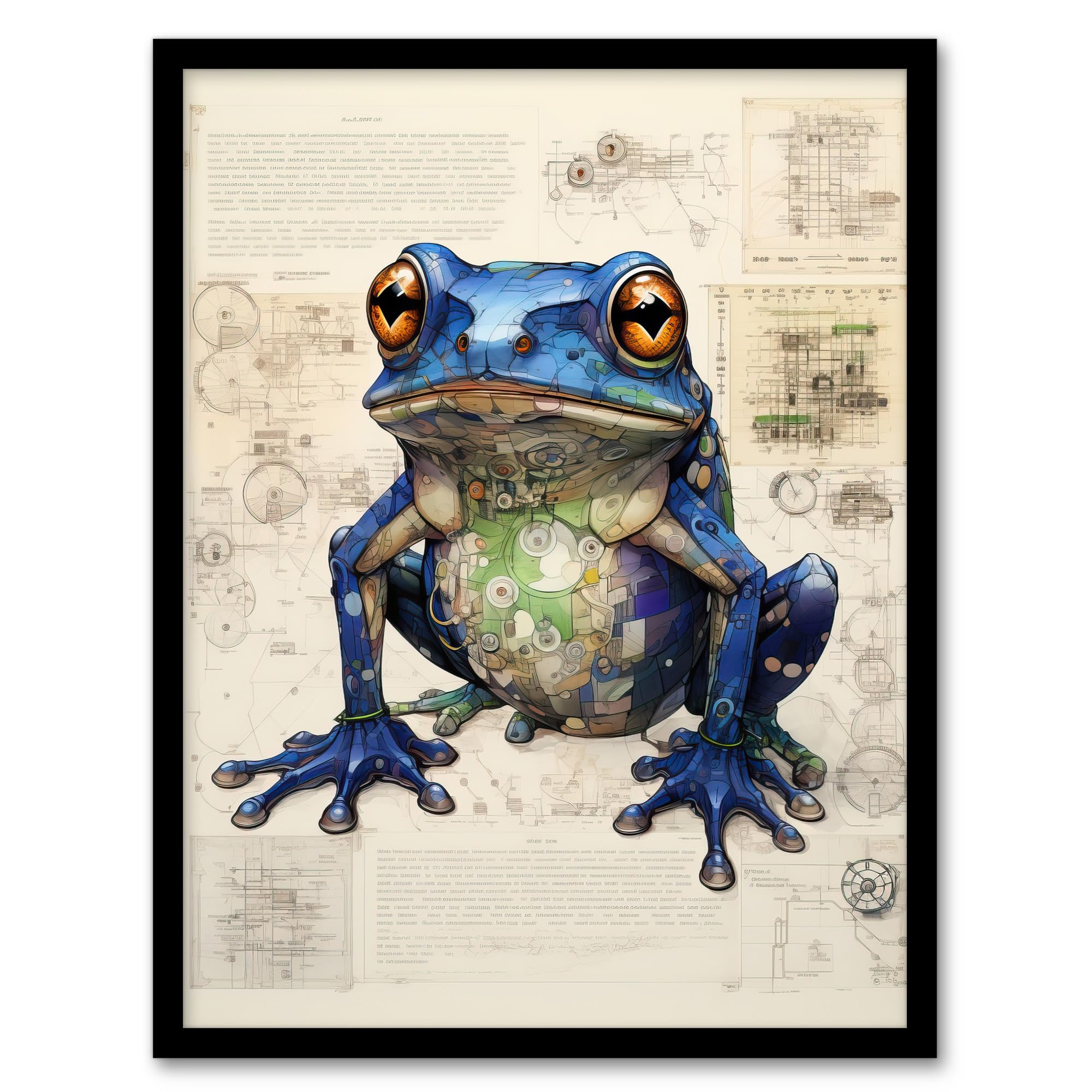 Artery8 Frog Robot Hybrid Secret Military Schematic Blueprint Futuristic Complex Arcane Manuscript Gift For Him Man Cave Artwork Framed Wall Art Print A4