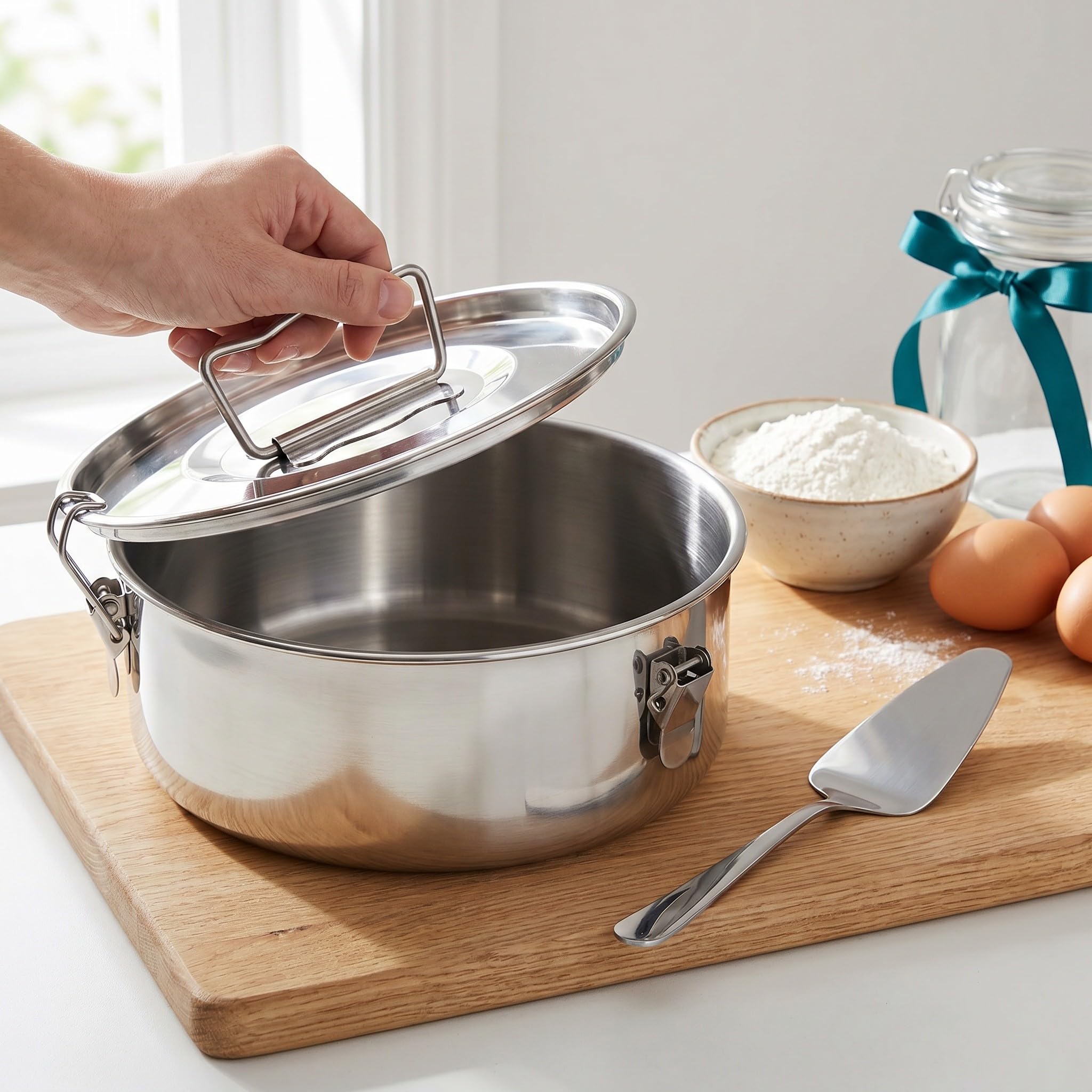 FOMIYES Molde para flan de acero inoxidable con tapa - Molde para flan con tapa y cierre, mango ergonómico, material antiadherente y espátula para tarta de queso, cupcakes, pudines y postres.
