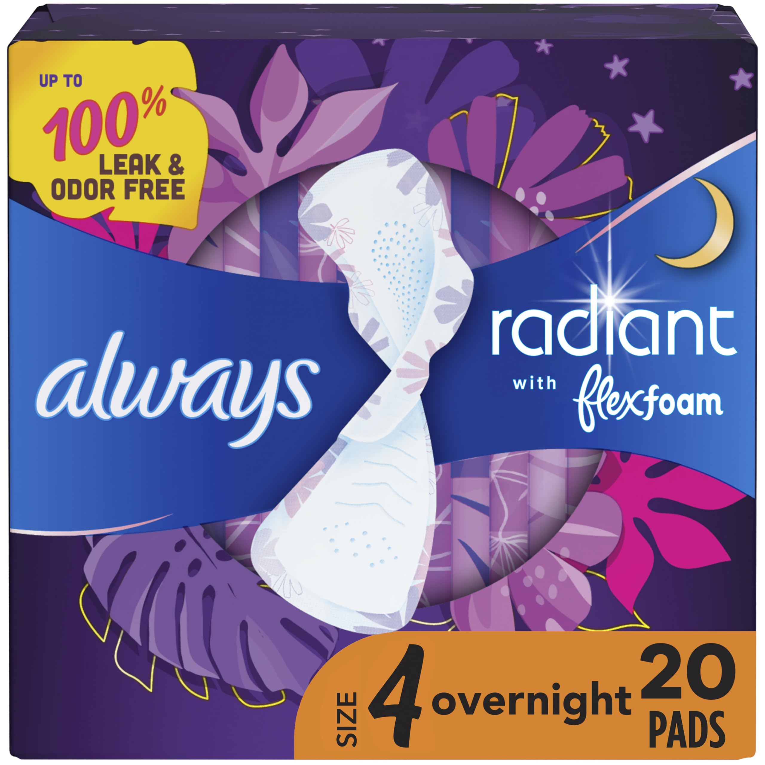 Always Radiant Pads, Size 4, Overnight Absorbency, Scented, 20-Count