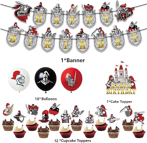 Miniatura 2 de Suministros para fiestas temáticas medievales, 34 piezas de decoración de cumpleaños de caballeros del castillo medieval, incluyendo pancarta feliz,