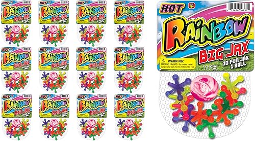JA-RU Juego de juguetes Jumbo Jax con bola de goma (juego de 12 Jax) Juego de gatos de neón arcoíris para niños y adultos. Juguetes clásicos retro.