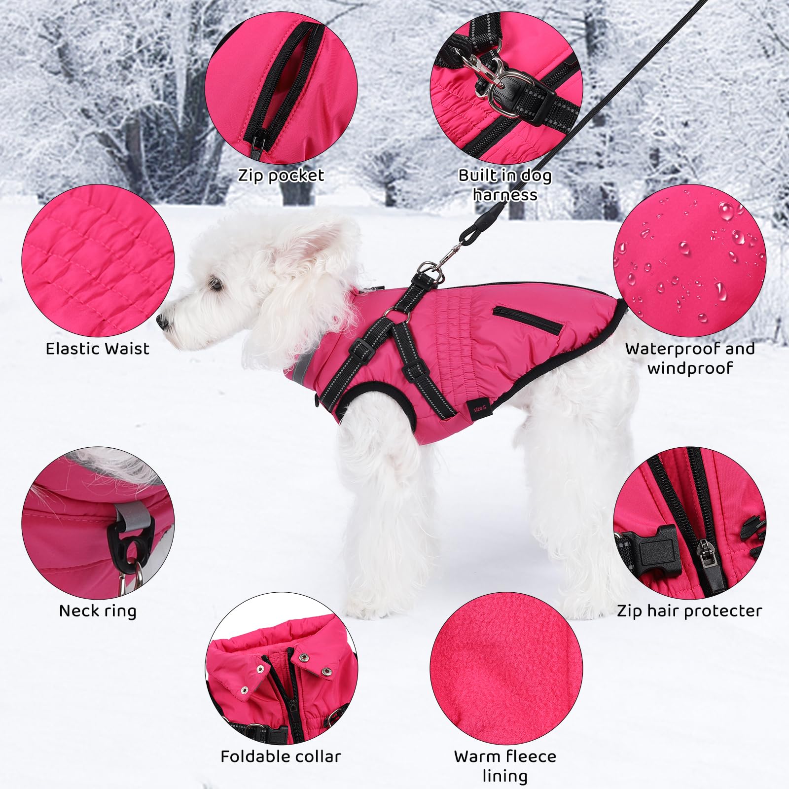 Dog Coat With Harness - Waterproof Winter Jacket for Small Medium Large Dogs Warm Cold Weather Coat With Built-In Harness (rose red, L) - Image 2
