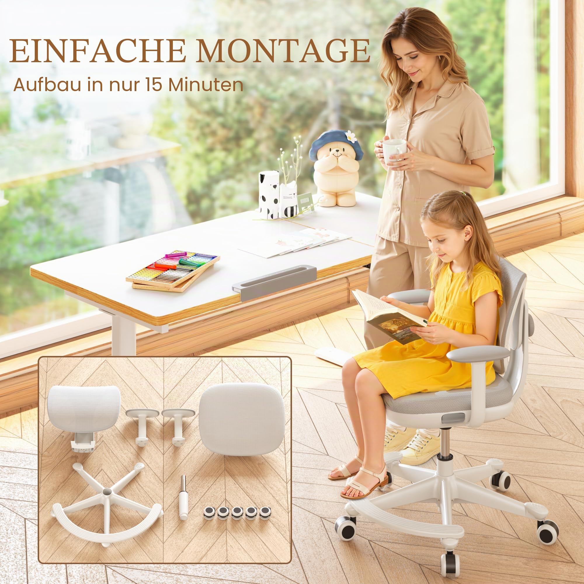 FLEXISPOT Kinderstuhl, Ergonomischer Kinder-Schreibtischstuhl mit Fußablage & Sicherheitsrollen, Höhenverstellbar, Atmungsaktive Rückenlehne, Abnehmbares Kissen, Für Kinder von 3–15 Jahren, Grau