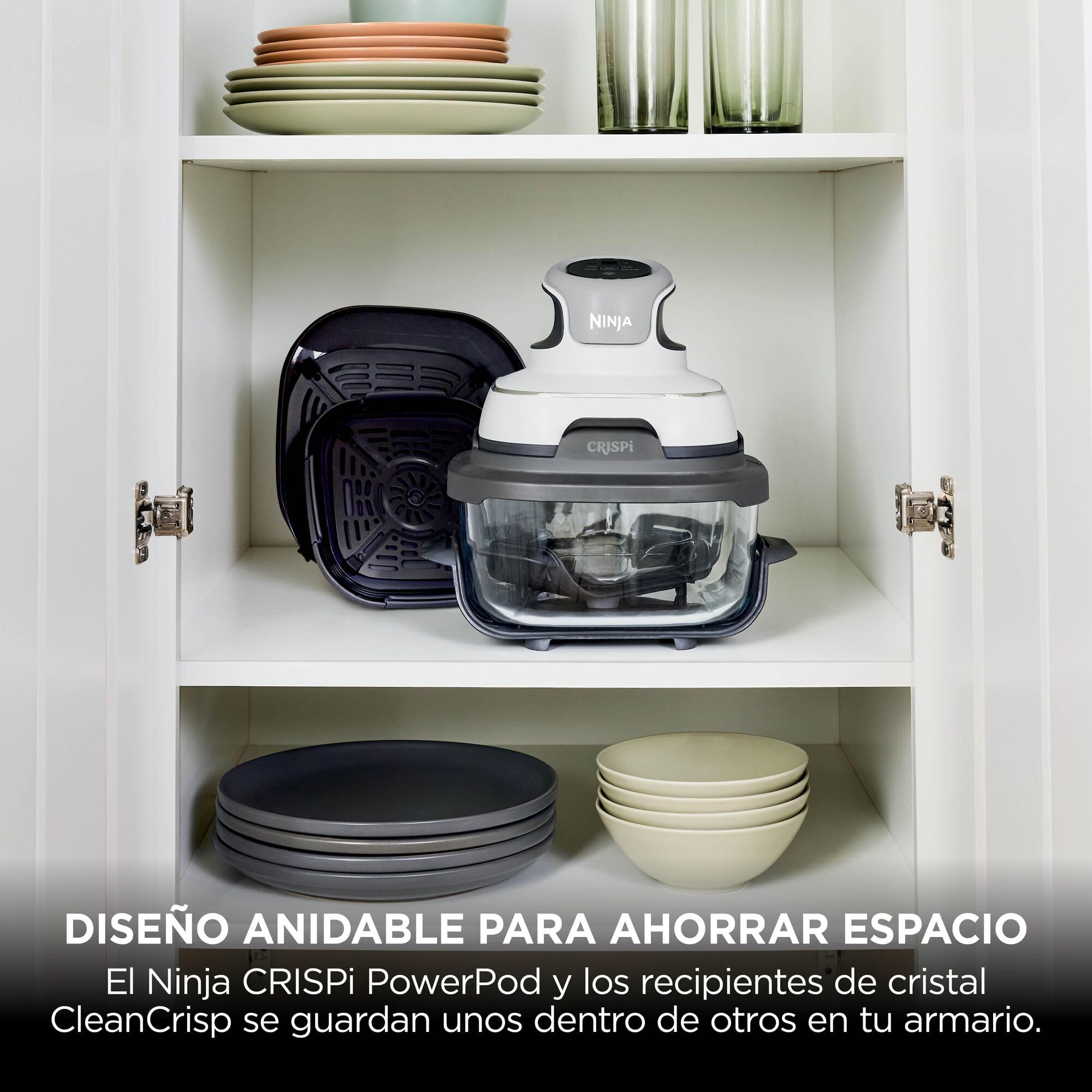 Ninja CRiSpi, Freidora de Aire Portátil, 3,8L y 1,4L, Blanco, FN102EU | 4 en 1: Freír con Aire, Asar, Mantener la Temperatura, Dorar, Compacta, 2 Recipientes de Cristal Extraíbles y Tapas, 1700W