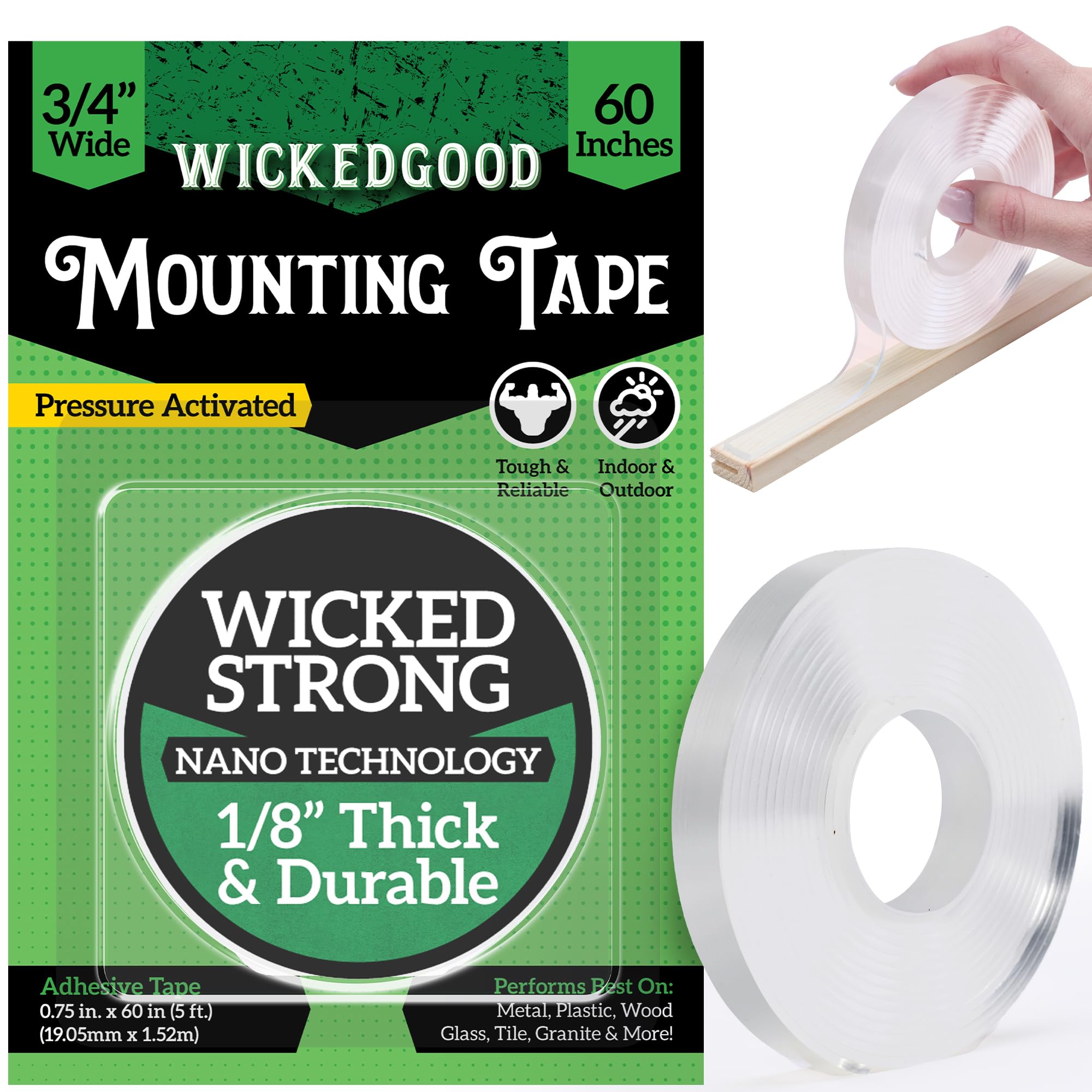 WickedGood Strong Double Sided Tape - Nano Clear Double Sided Mounting Tape with Heavy Duty, Waterproof Adhesive for Indoor, Outdoor Use, Multi
