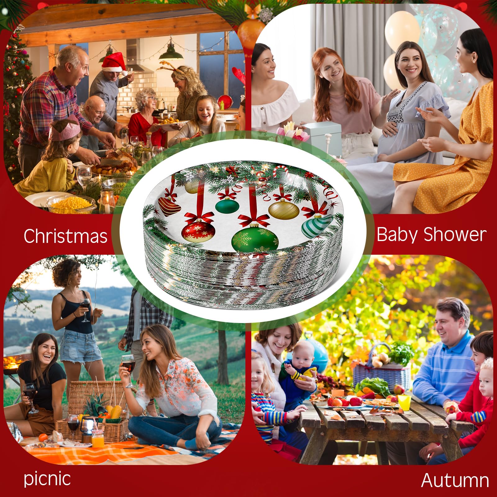 Hsei Lot de 100 grandes assiettes ovales jetables en carton de Noël de 25,4 x 30,5 cm - Assiettes en papier pour Noël - Décoration de table de Noël