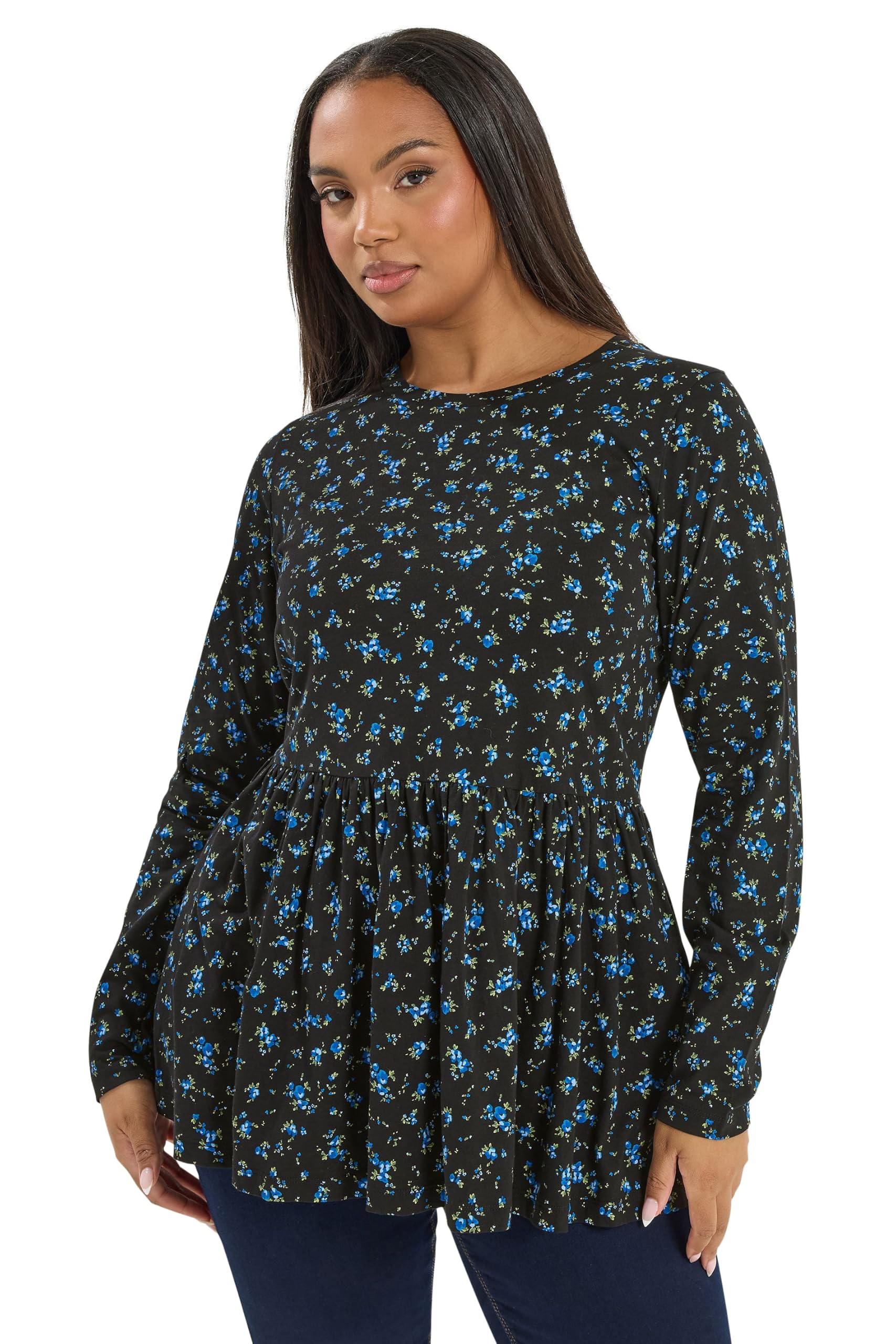 Yours Women's Multi Curve Blue Ditsy Floral Peplum Top - Plus Size Curve